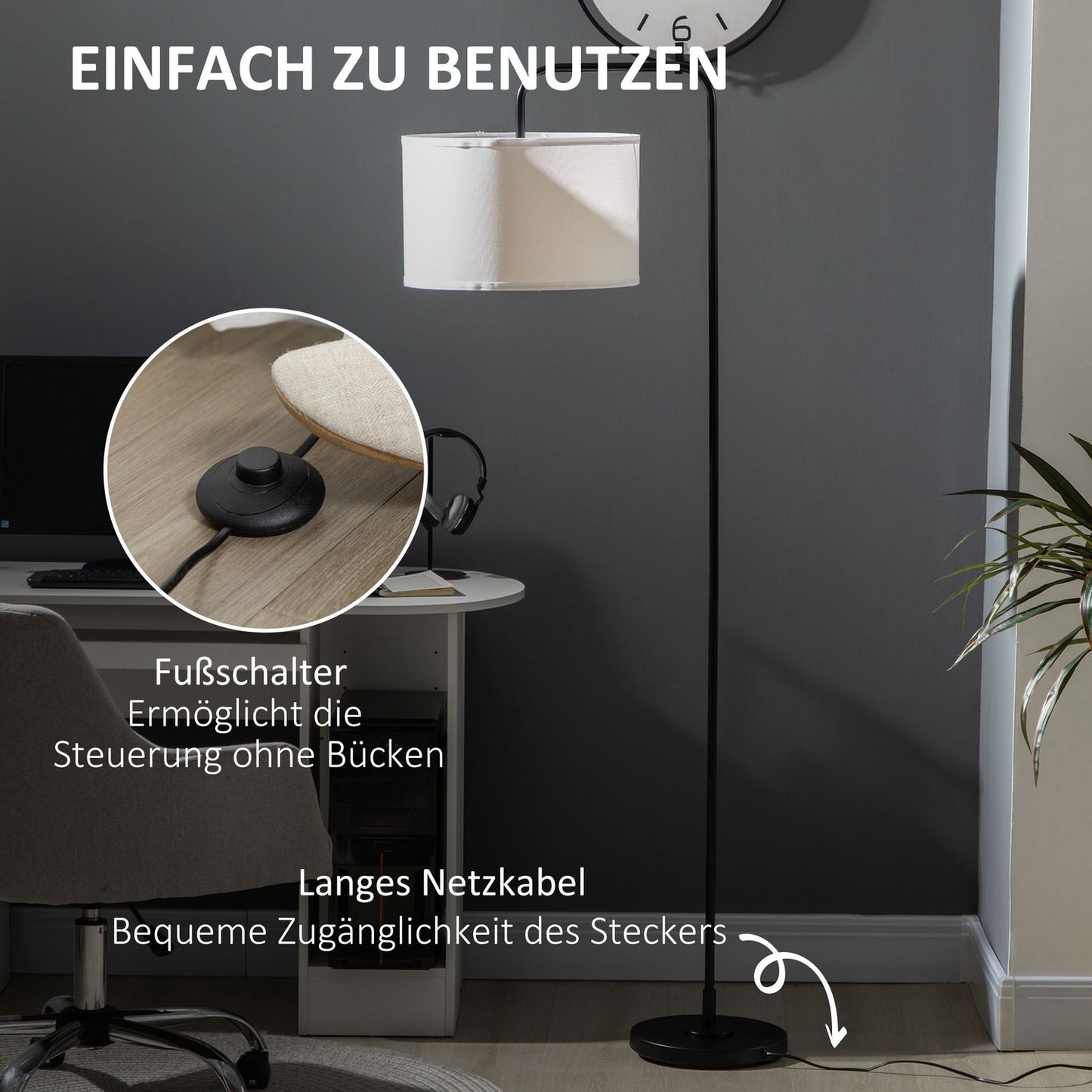 Modern black metal floor lamp with lampshade, 180 cm cord