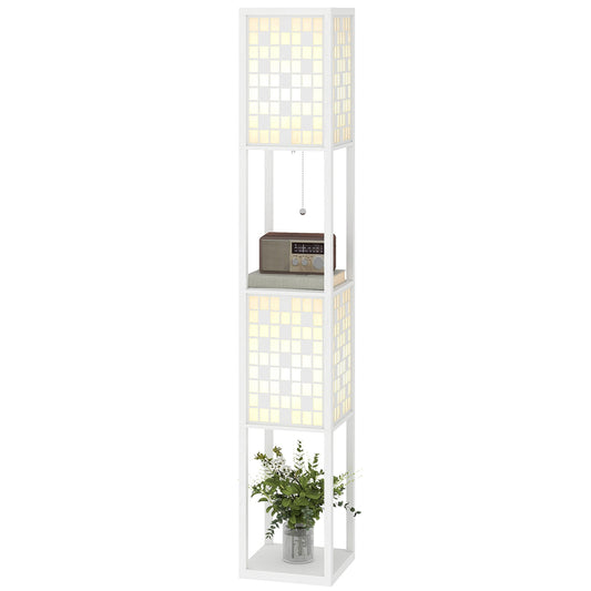 Floor Lamp with Lattice Shade and Dual Shelves, White