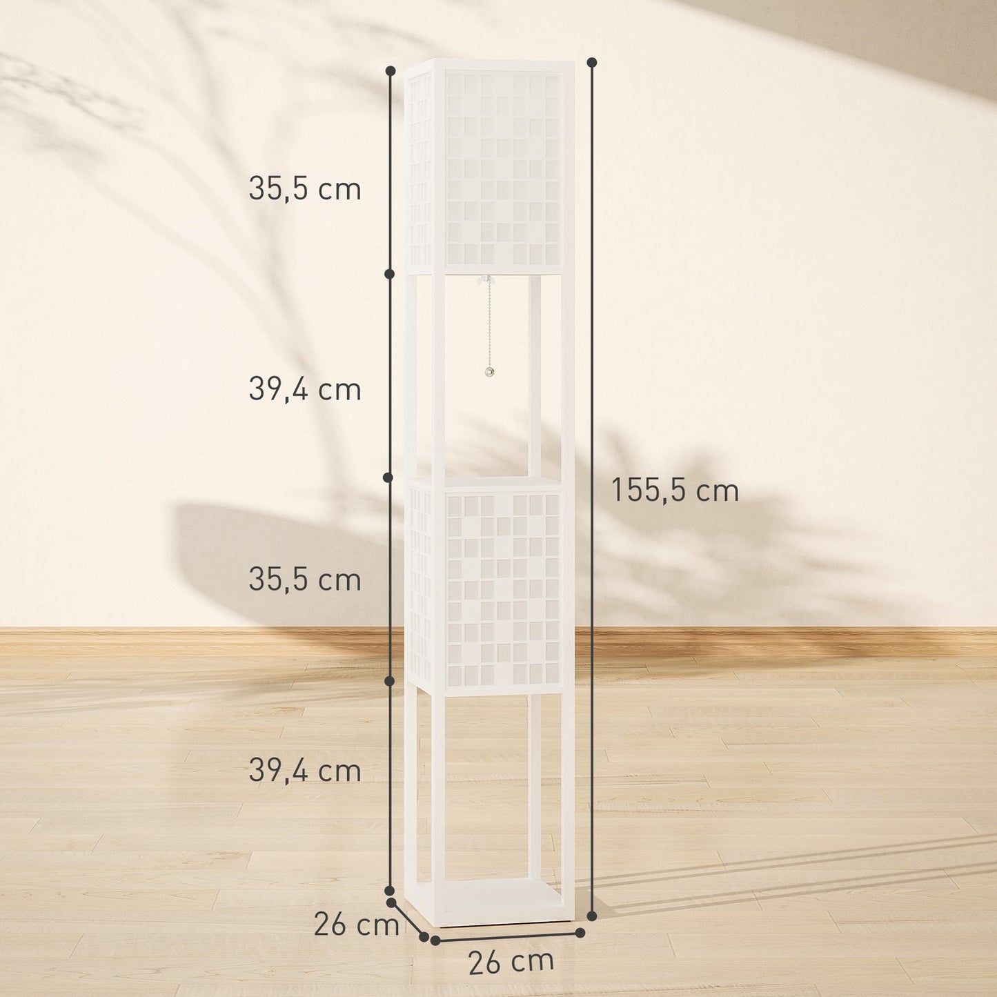 Floor Lamp with Lattice Shade and Dual Shelves, White