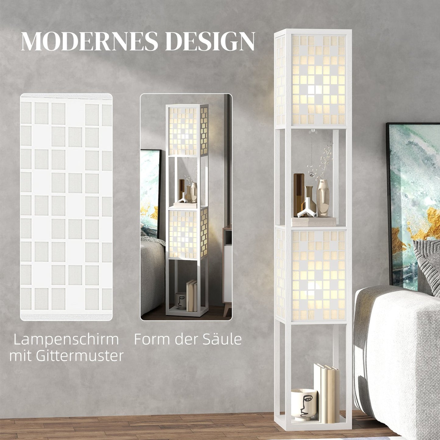 Floor Lamp with Lattice Shade and Dual Shelves, White