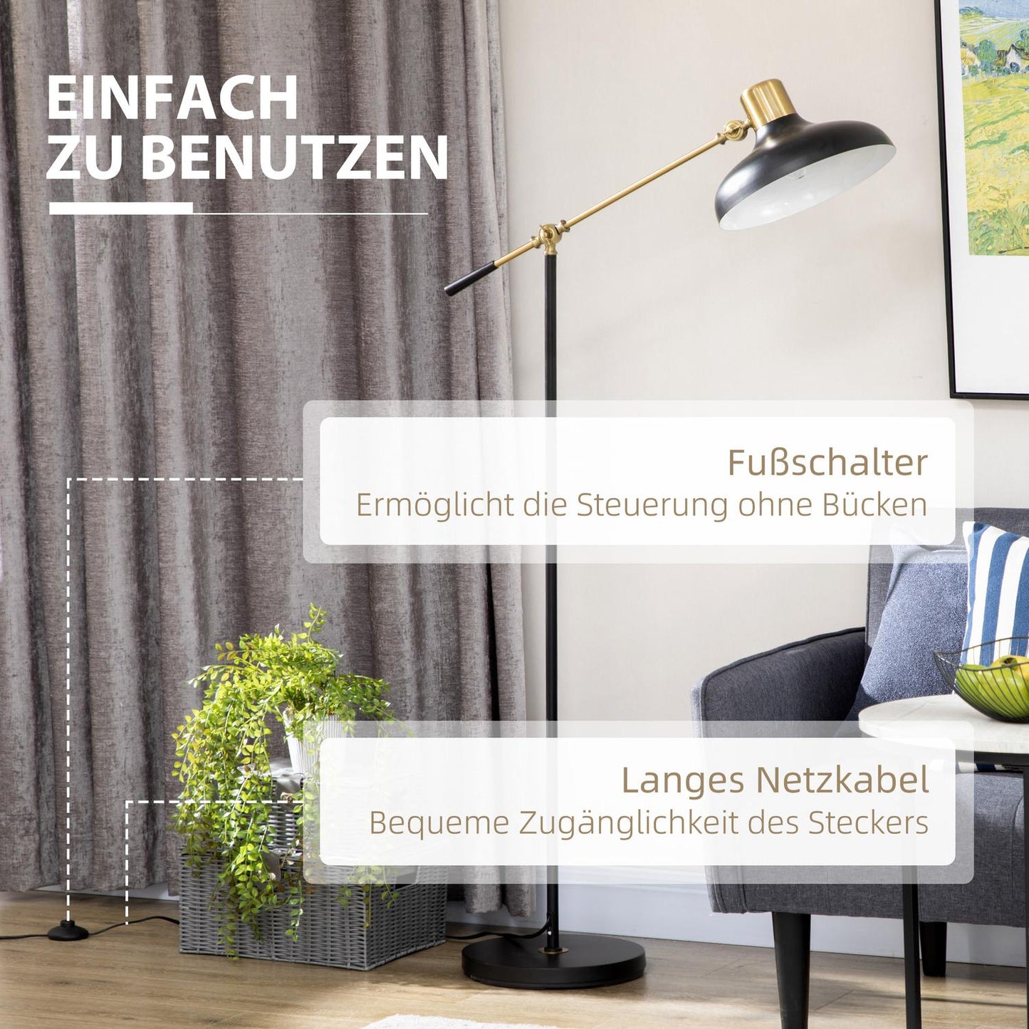 Height-adjustable black arc floor lamp, E27 Socket, 40W