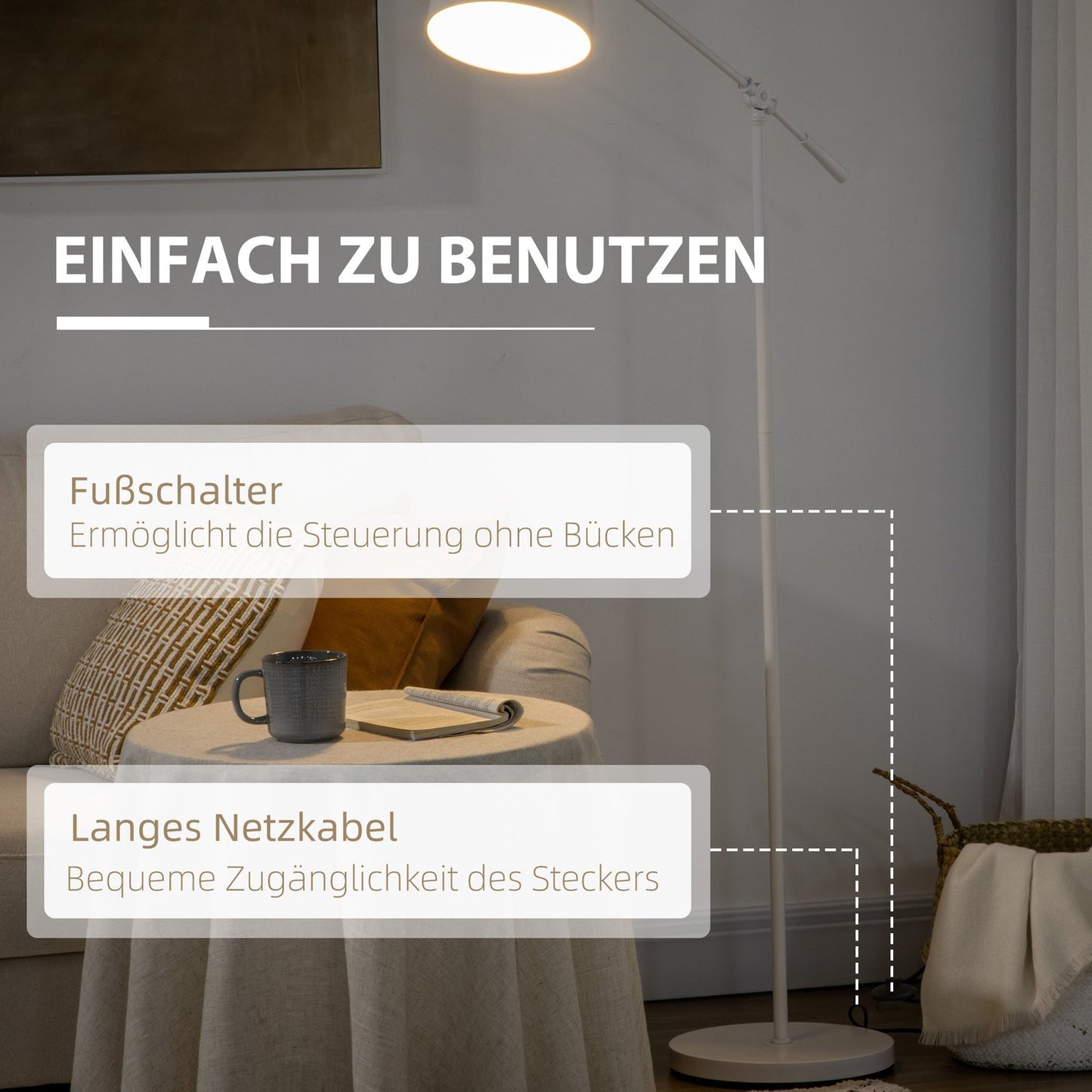 Height-adjustable white arc reading lamp, E27 socket