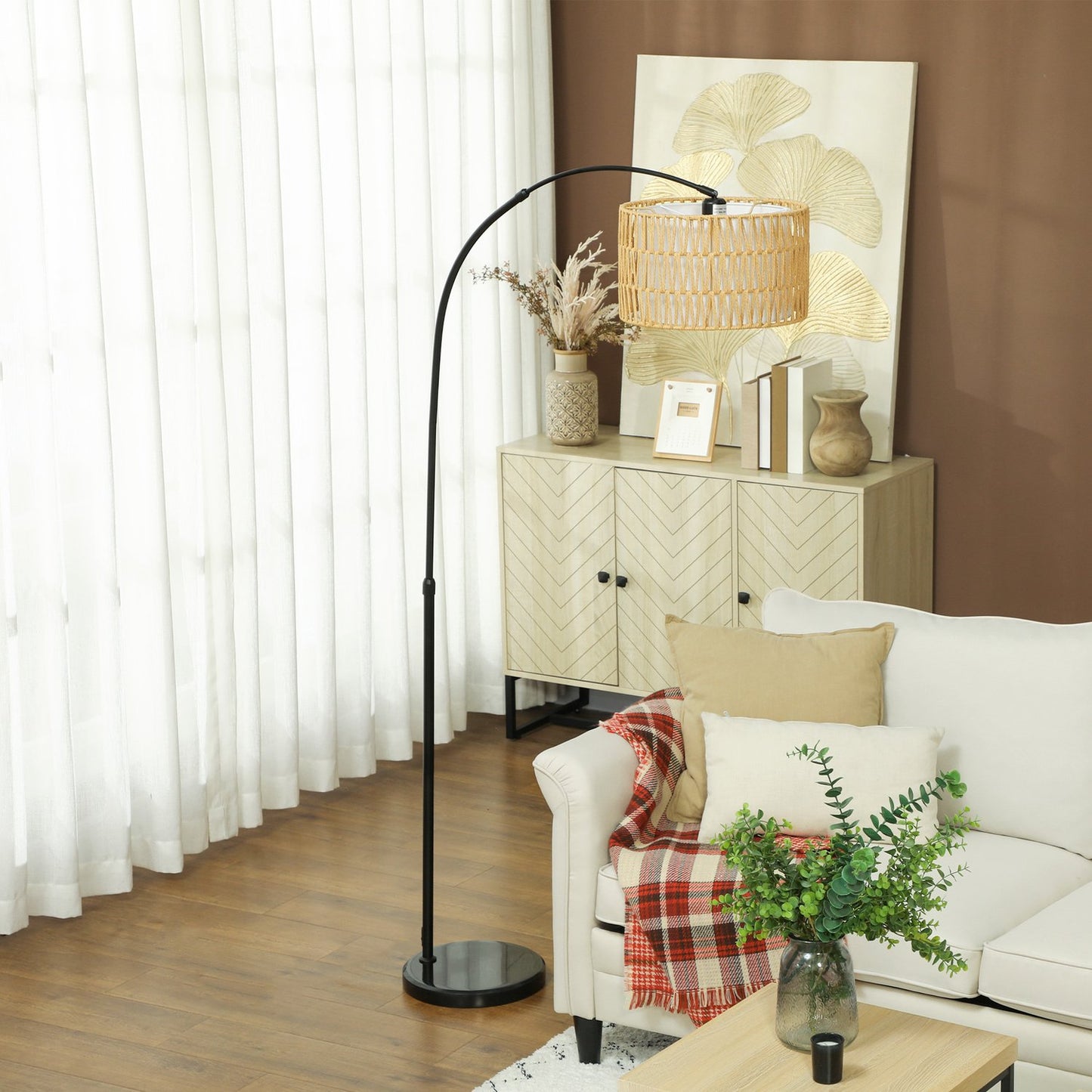 Adjustable black floor lamp with linen shade for the living room