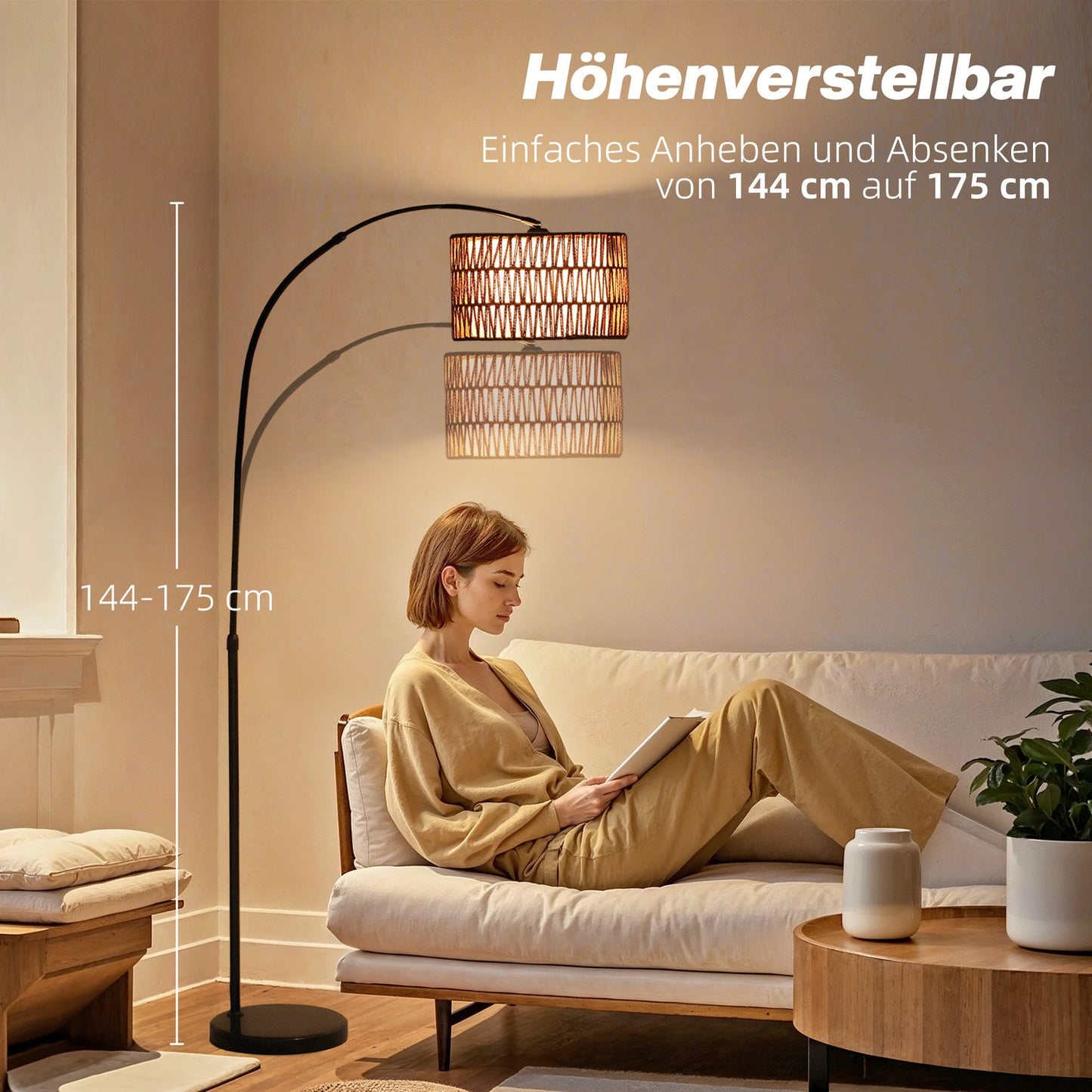 Adjustable black floor lamp with linen shade for the living room