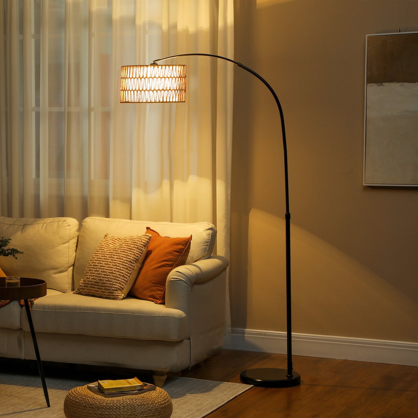 Adjustable black floor lamp with linen shade for the living room