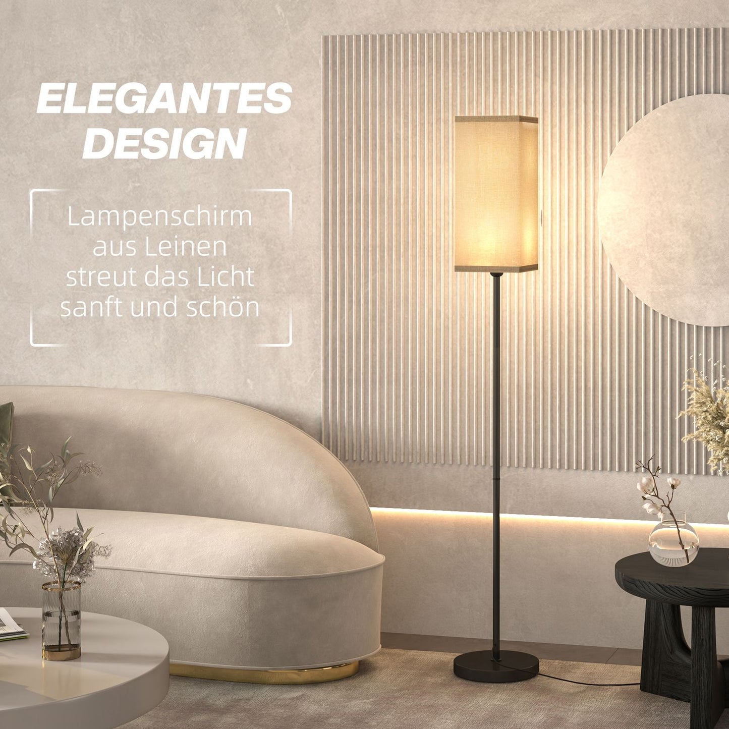 Modern black floor lamp with linen-look shade, foot switch