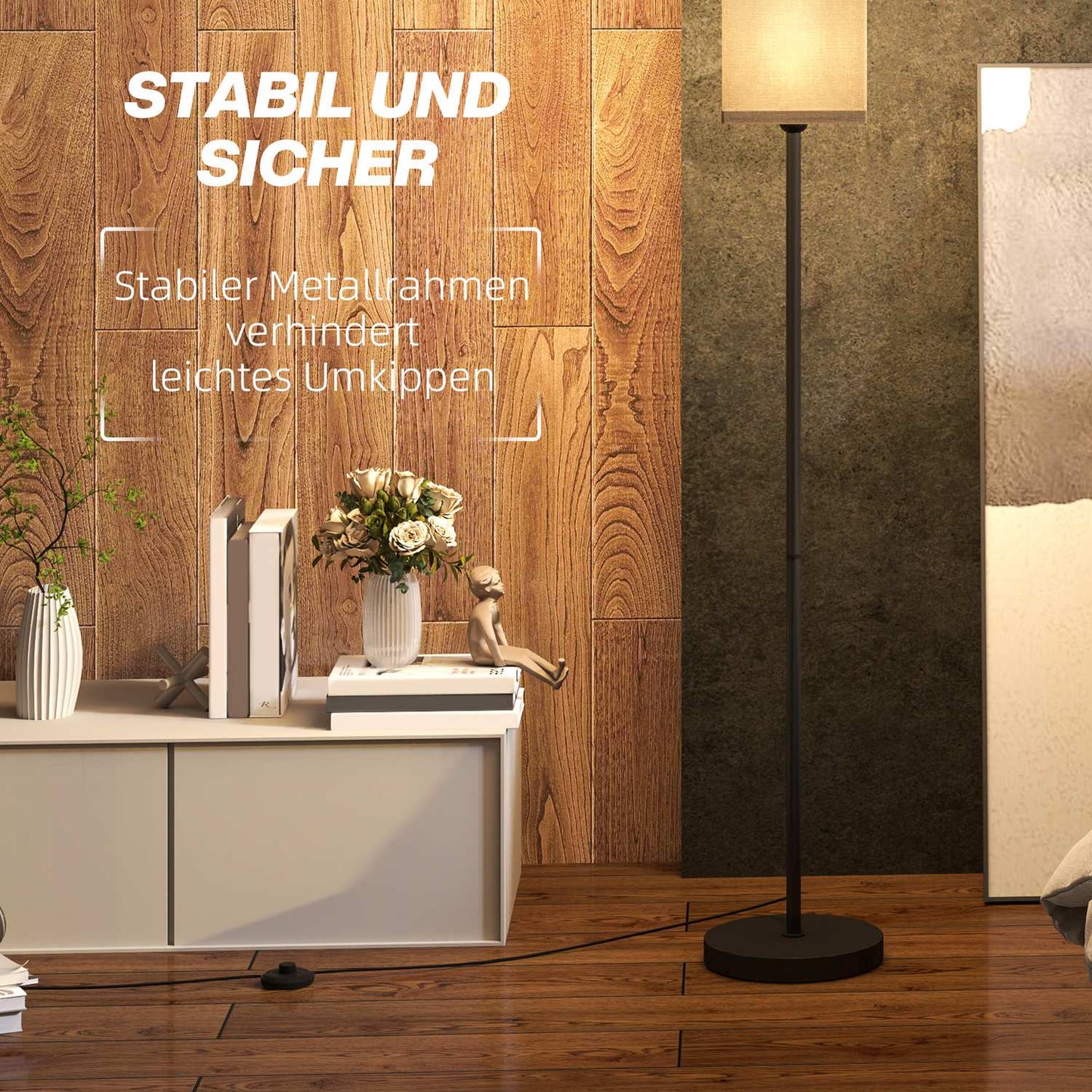 Modern black floor lamp with linen-look shade, foot switch