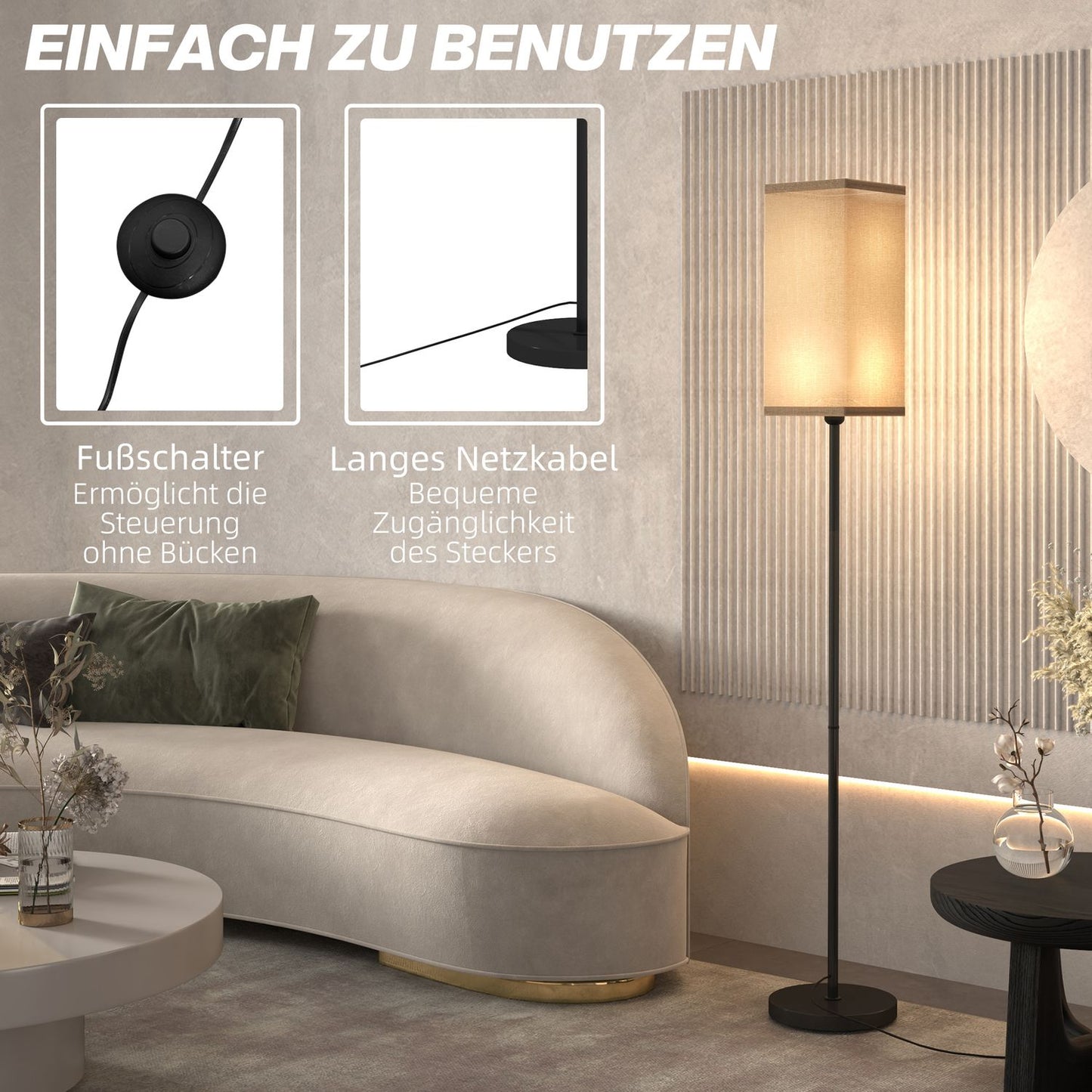 Modern black floor lamp with linen-look shade, foot switch