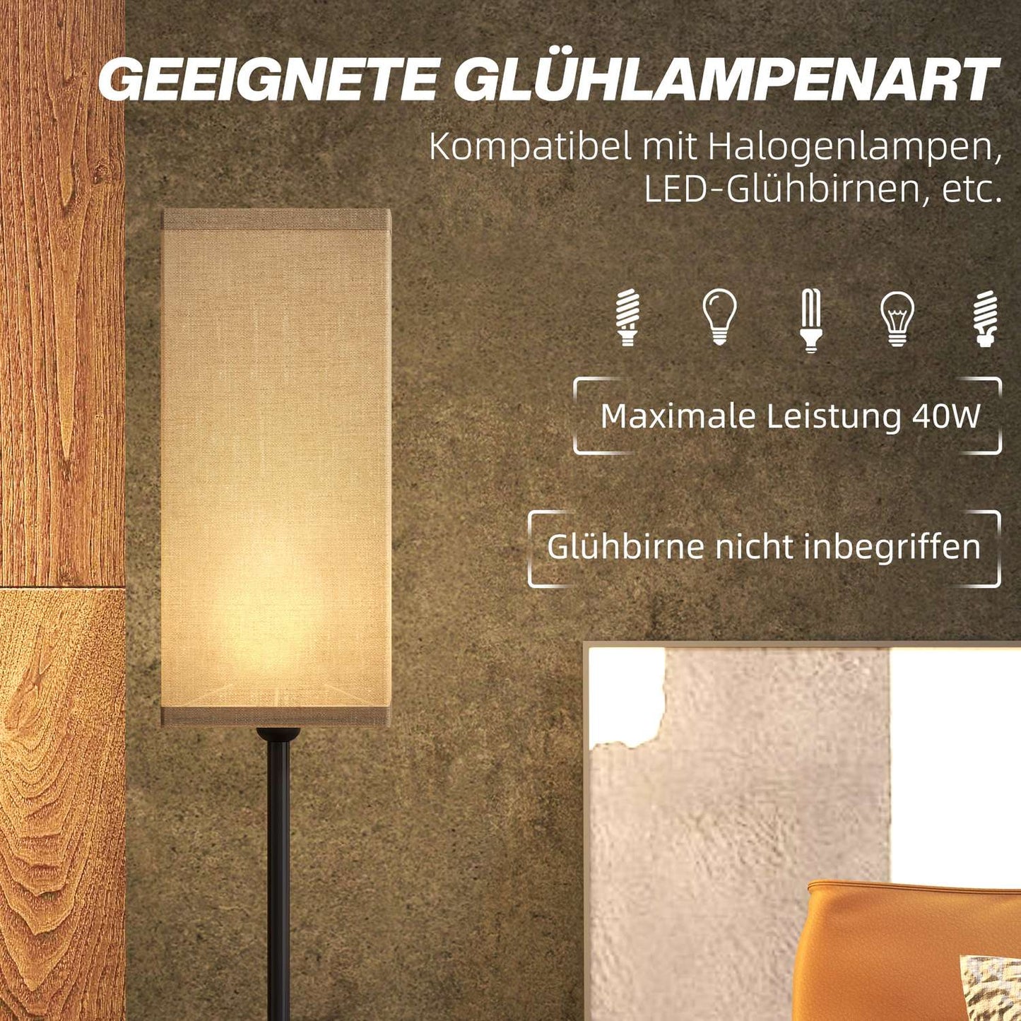 Modern black floor lamp with linen-look shade, foot switch