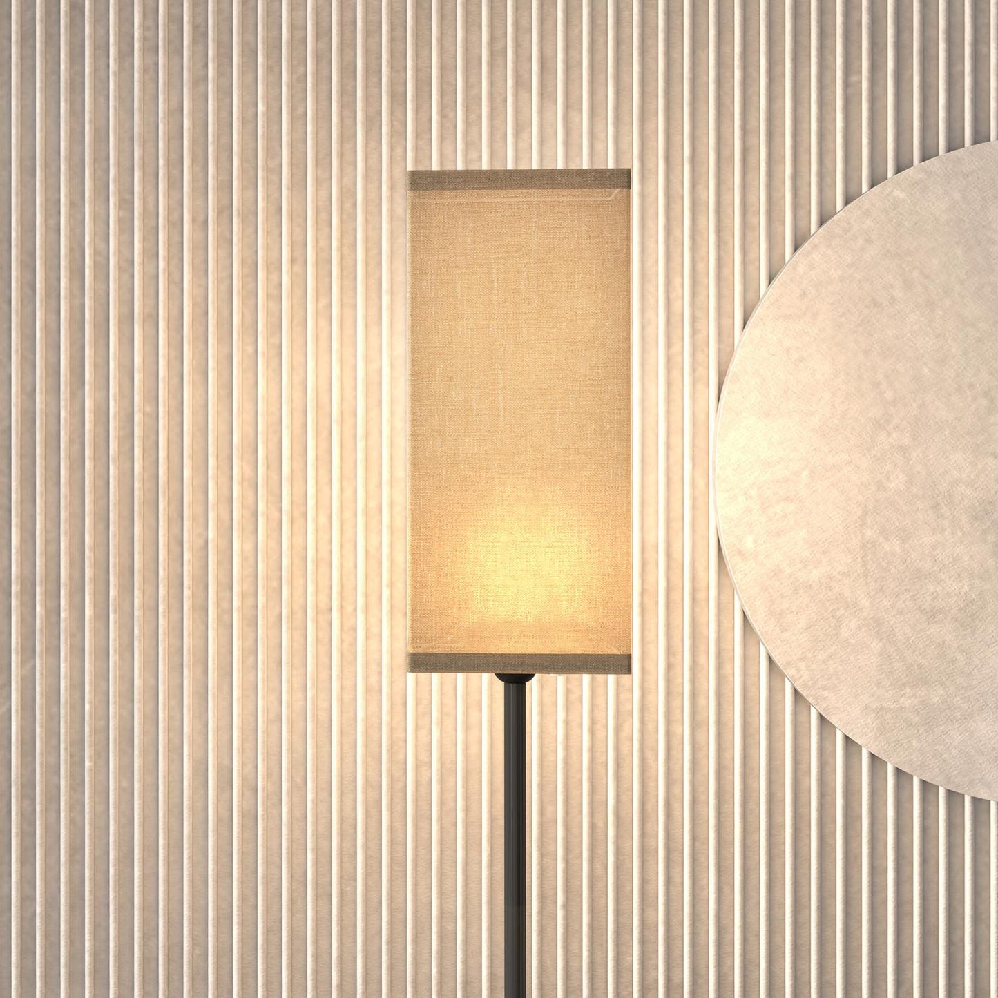 Modern black floor lamp with linen-look shade, foot switch
