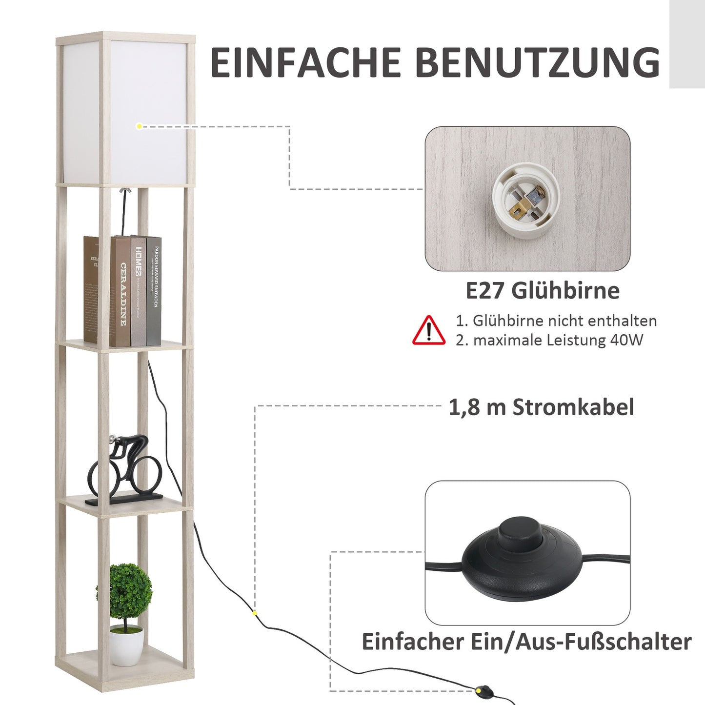 Floor lamp with shelves - Oak and White, E27 40W, 160cm