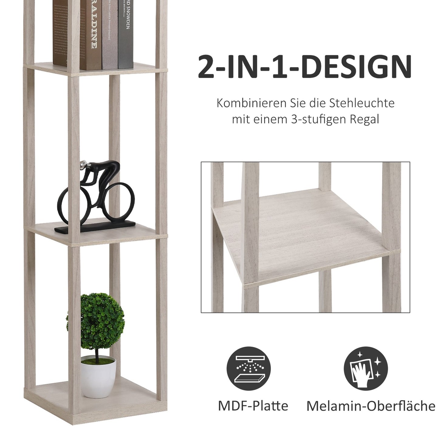 Floor lamp with shelves - Oak and White, E27 40W, 160cm