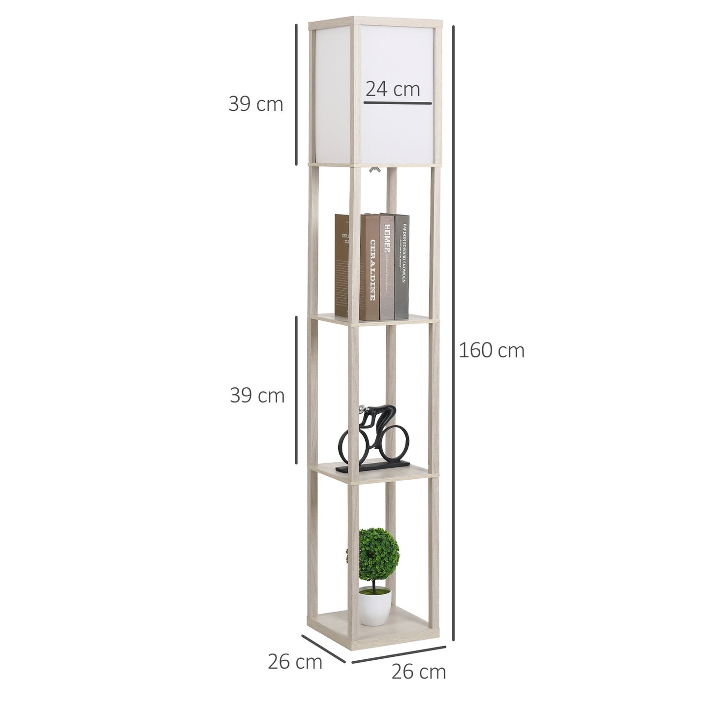 Floor lamp with shelves - Oak and White, E27 40W, 160cm