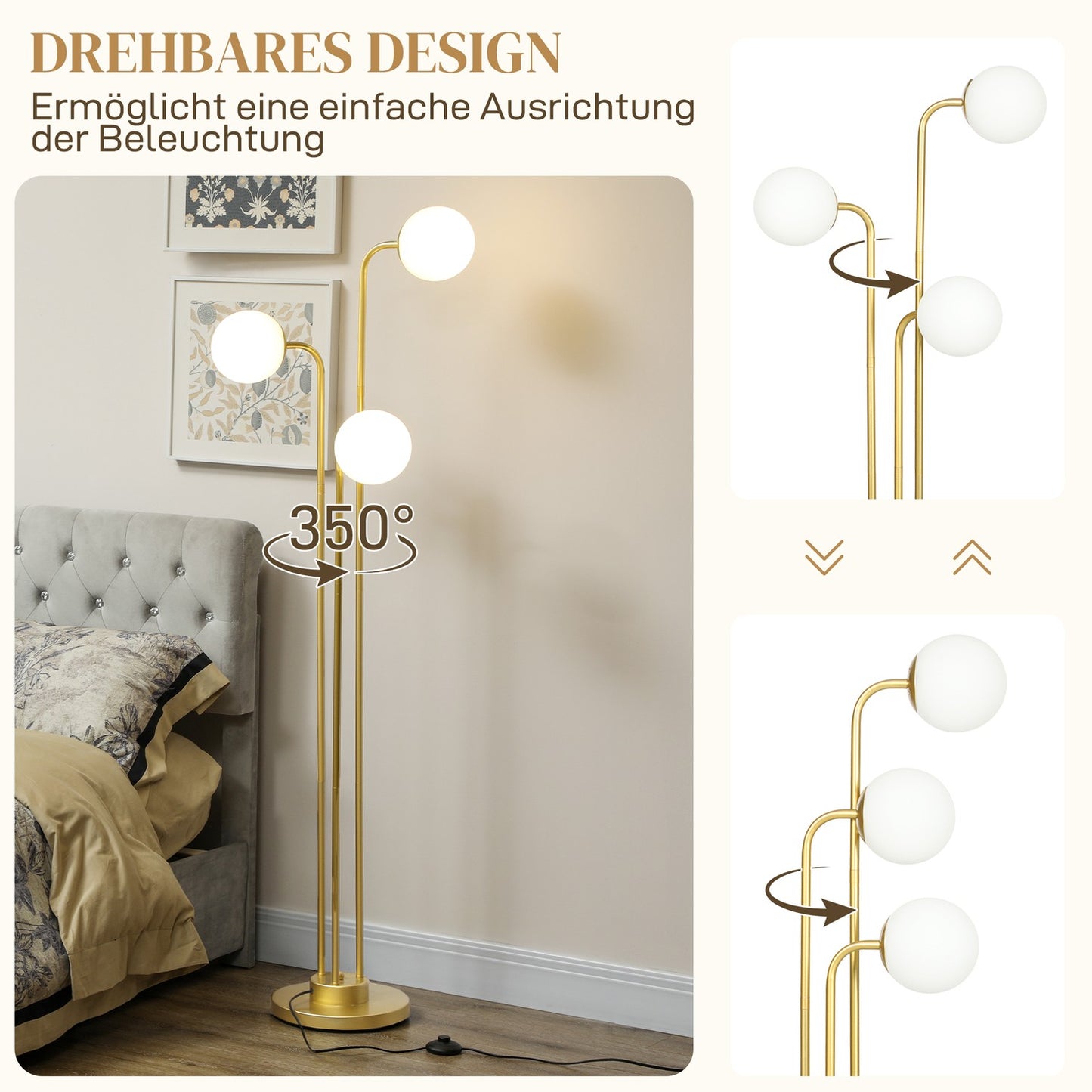 Floor lamp with rotating shades - 120W, gold, 1.65m