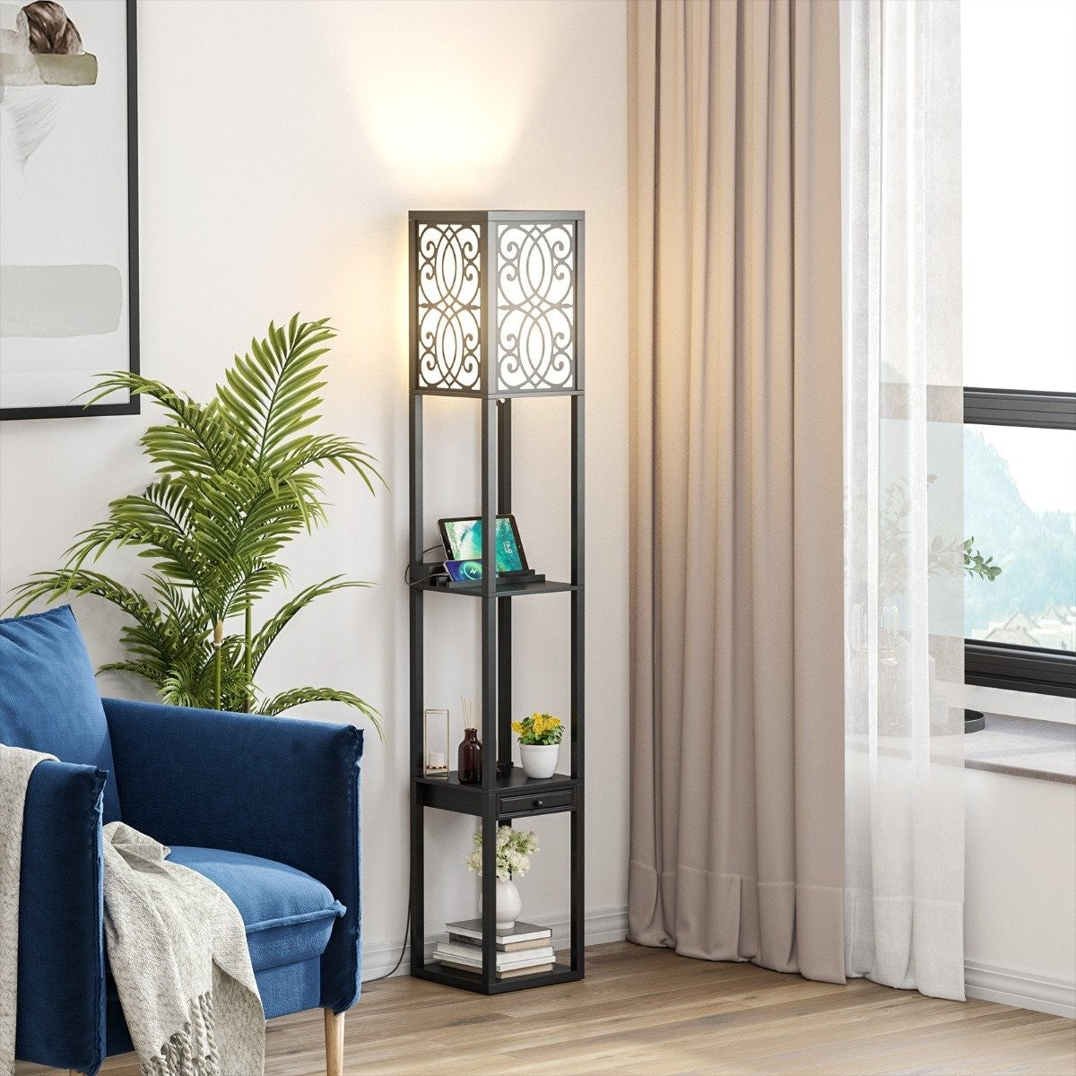 Floor lamp with shelves and drawer for living room bedroom 26 x 26 x 160.5 cm black