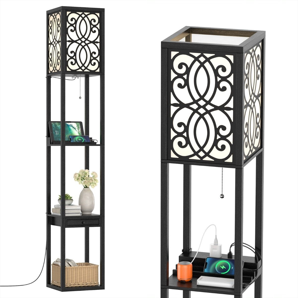 Floor lamp with shelves and drawer for living room bedroom 26 x 26 x 160.5 cm black