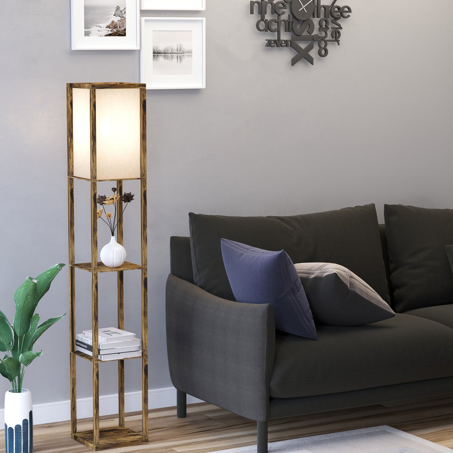 Floor lamp with shelves and lampshade, E27 socket, 40W