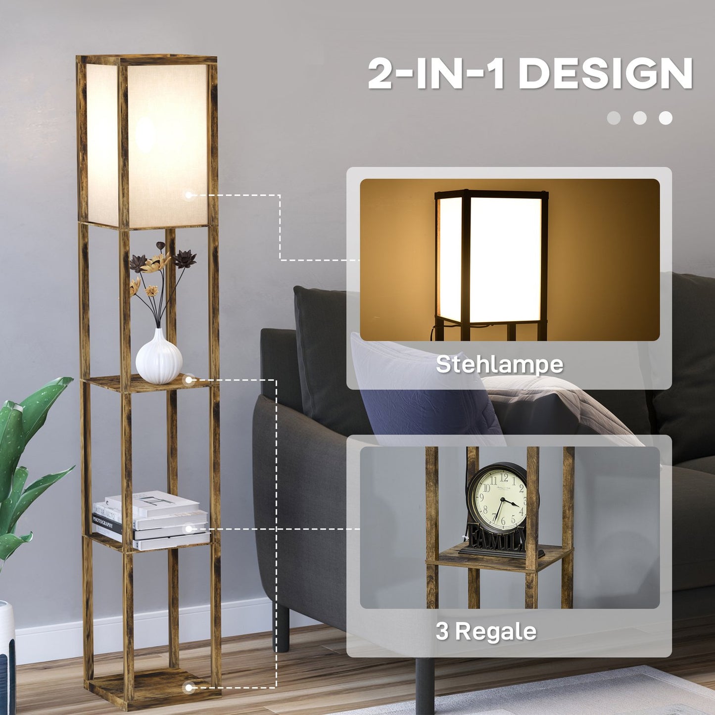 Floor lamp with shelves and lampshade, E27 socket, 40W