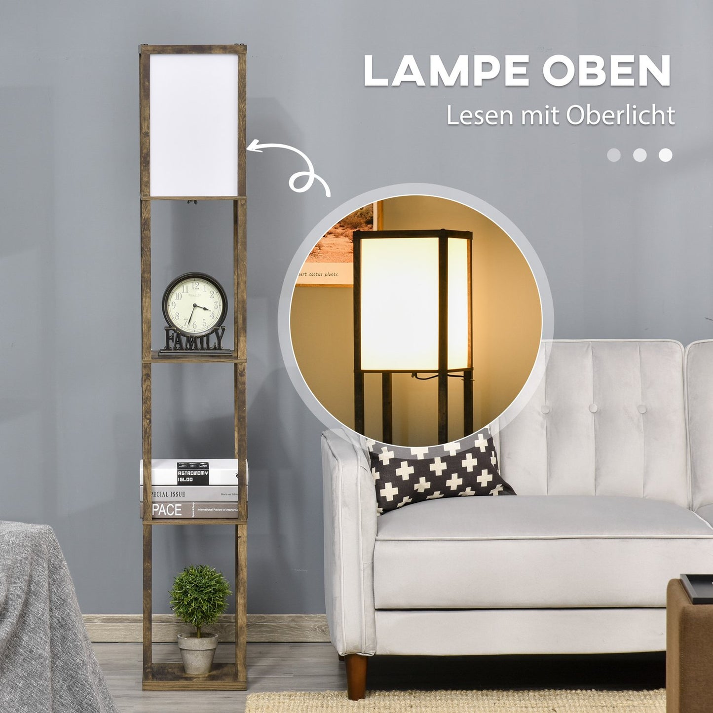 Floor lamp with shelves and lampshade, E27 socket, 40W