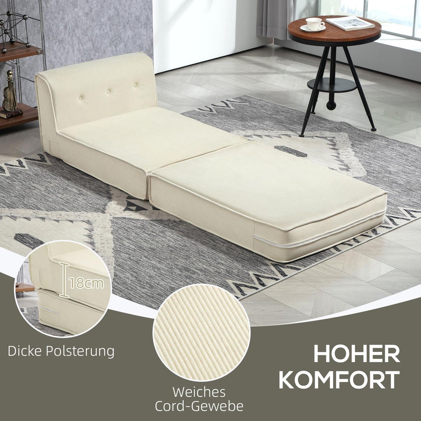 Convertible sofa bed - corduroy look, cream white, 240 kg Capacity