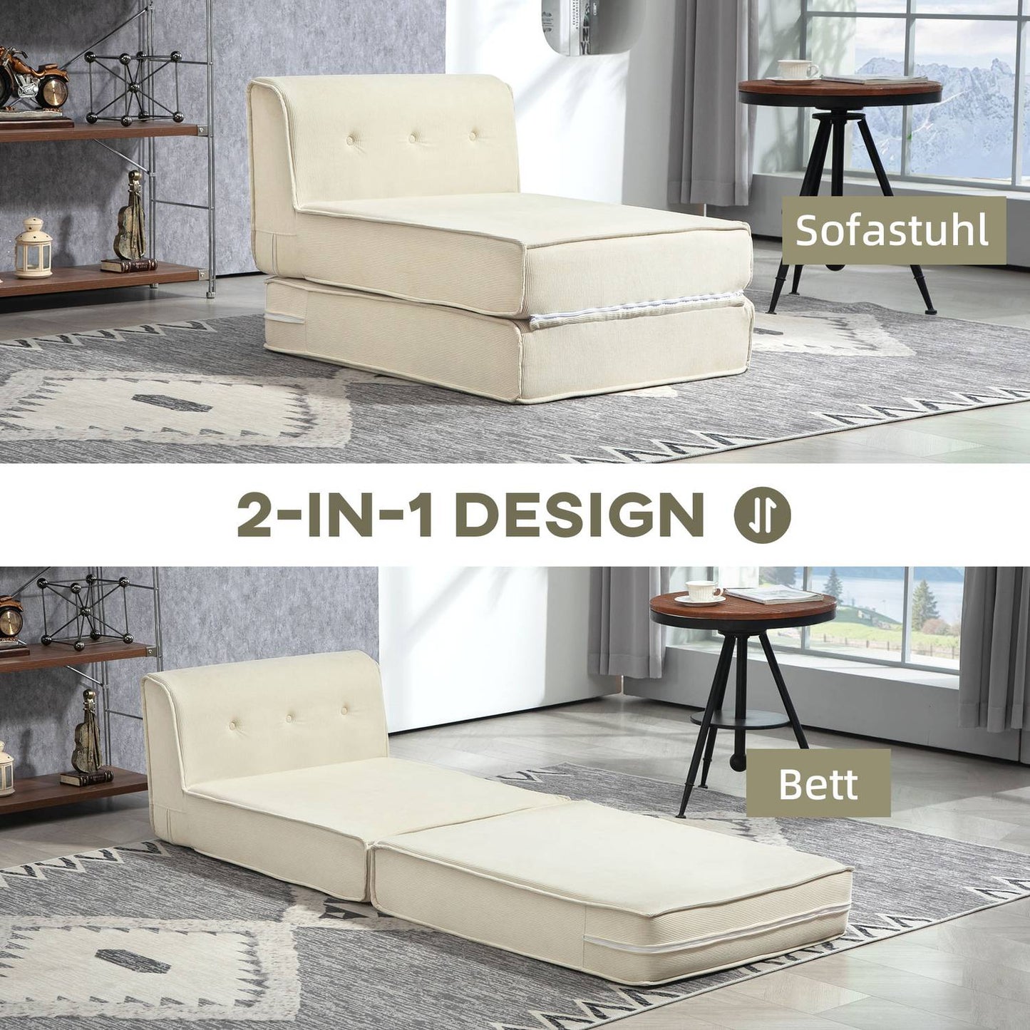 Convertible sofa bed - corduroy look, cream white, 240 kg Capacity
