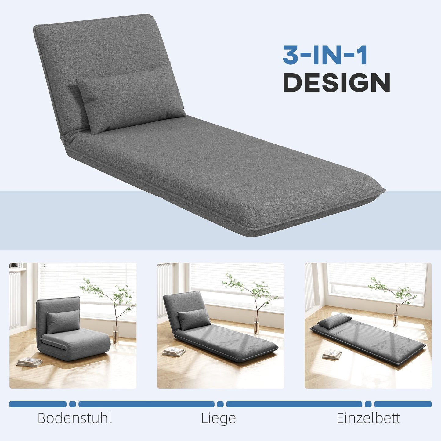 3-in-1 dark gray folding sofa bed, padded for comfort