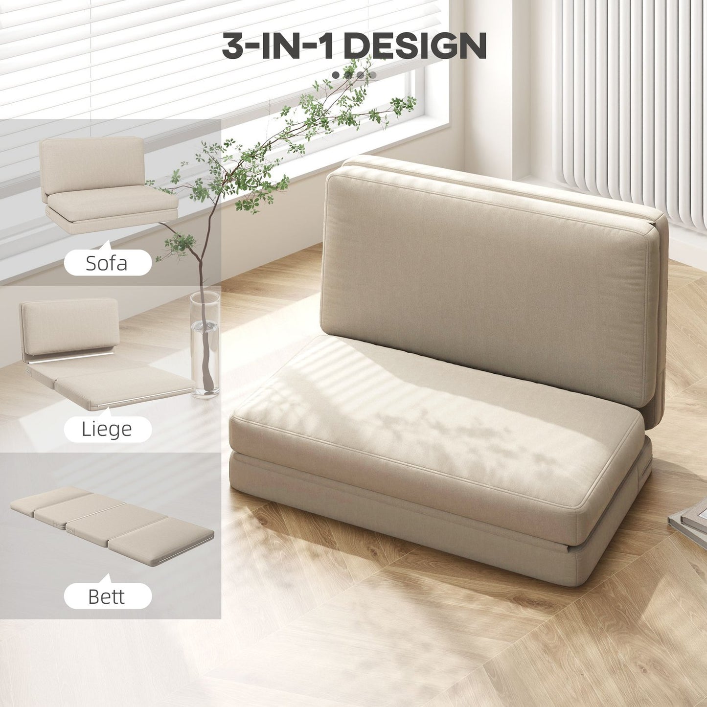 Convertible 3-in-1 sofa bed, velvet look, beige, capacity 240 kg