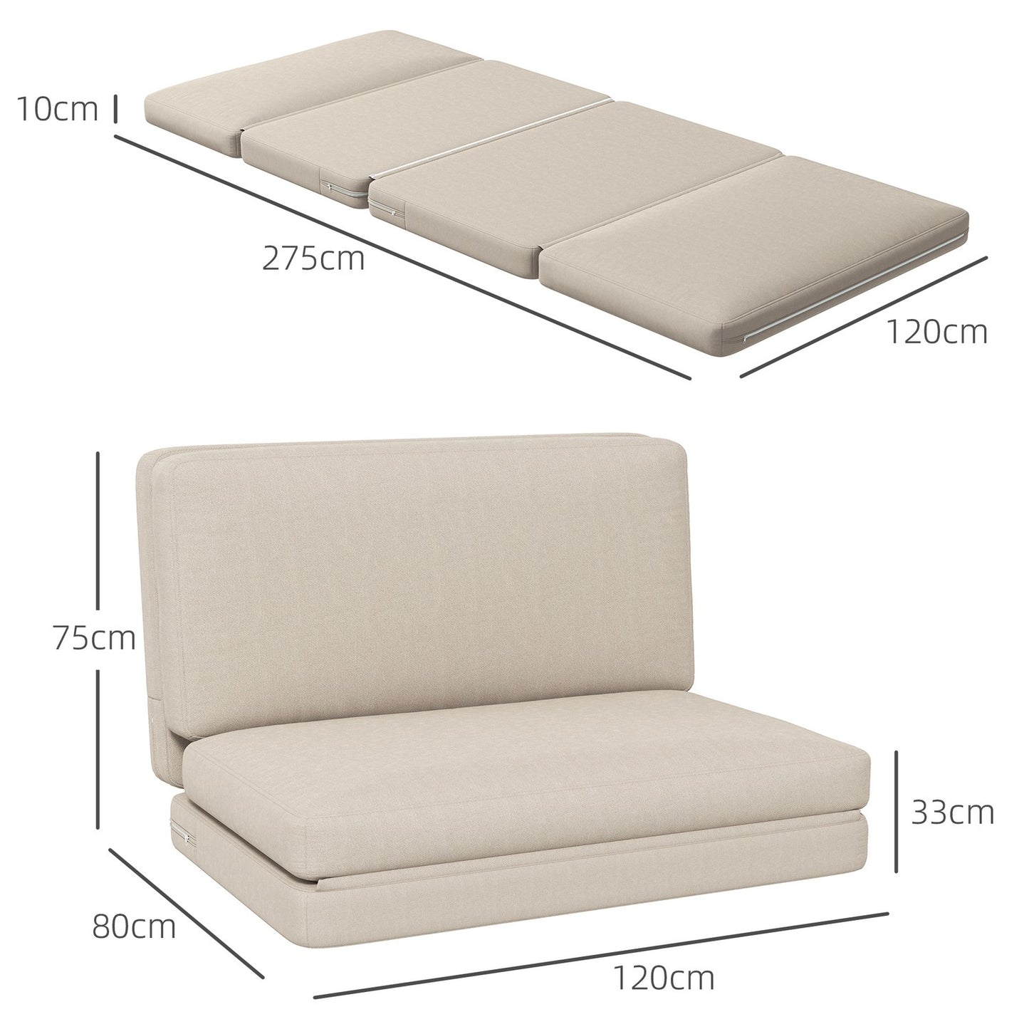 Convertible 3-in-1 sofa bed, velvet look, beige, capacity 240 kg