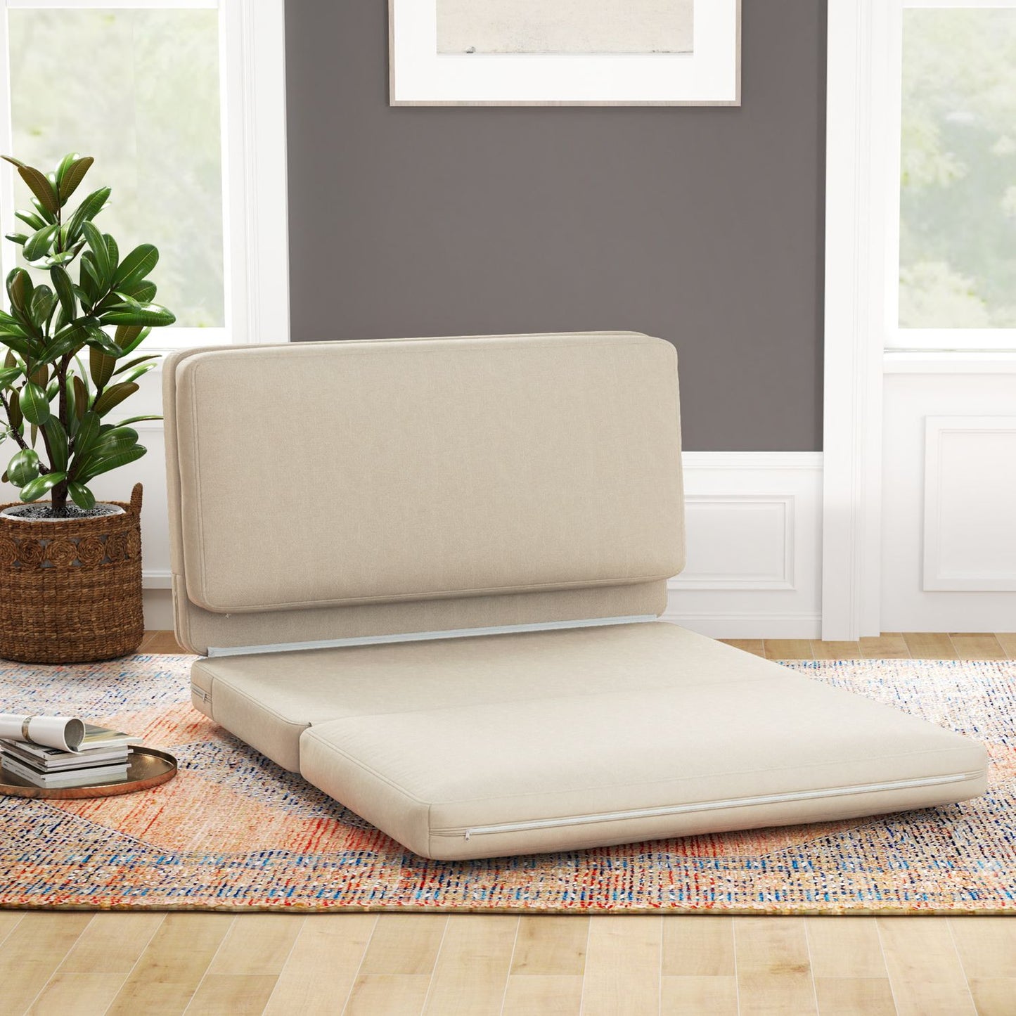 Convertible 3-in-1 sofa bed, velvet look, beige, capacity 240 kg