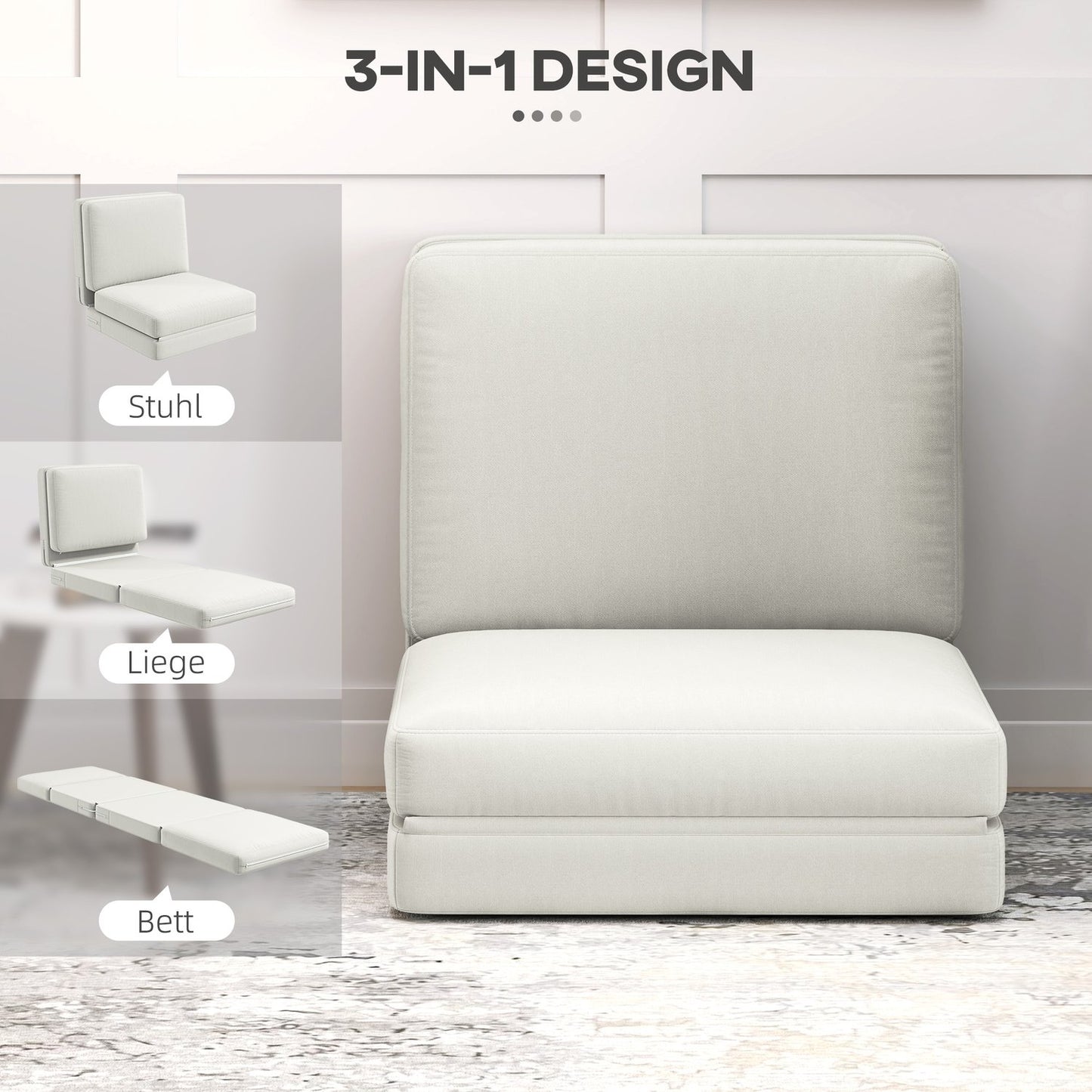 3-in-1 folding sofa bed, velvet upholstery, cream white