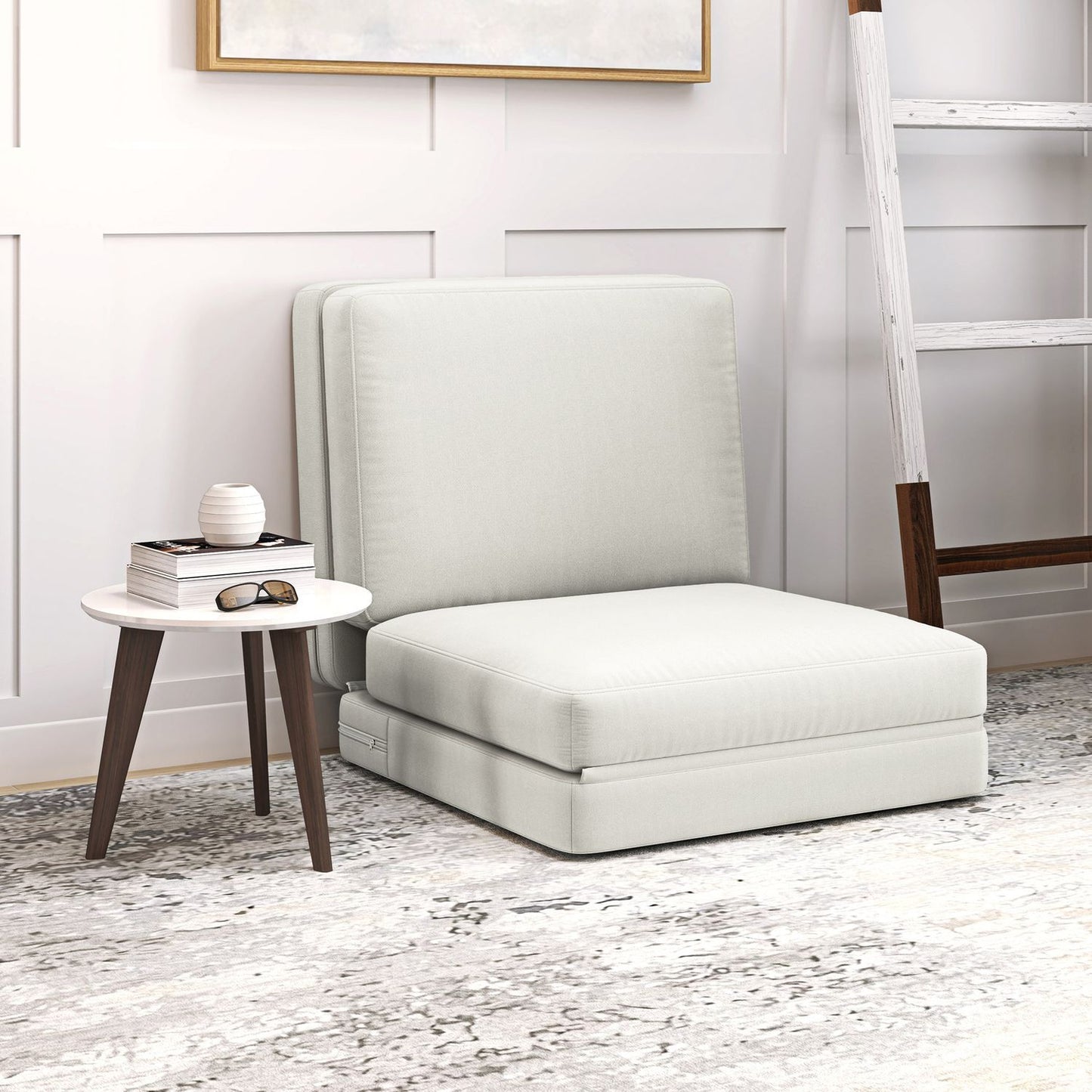3-in-1 folding sofa bed, velvet upholstery, cream white