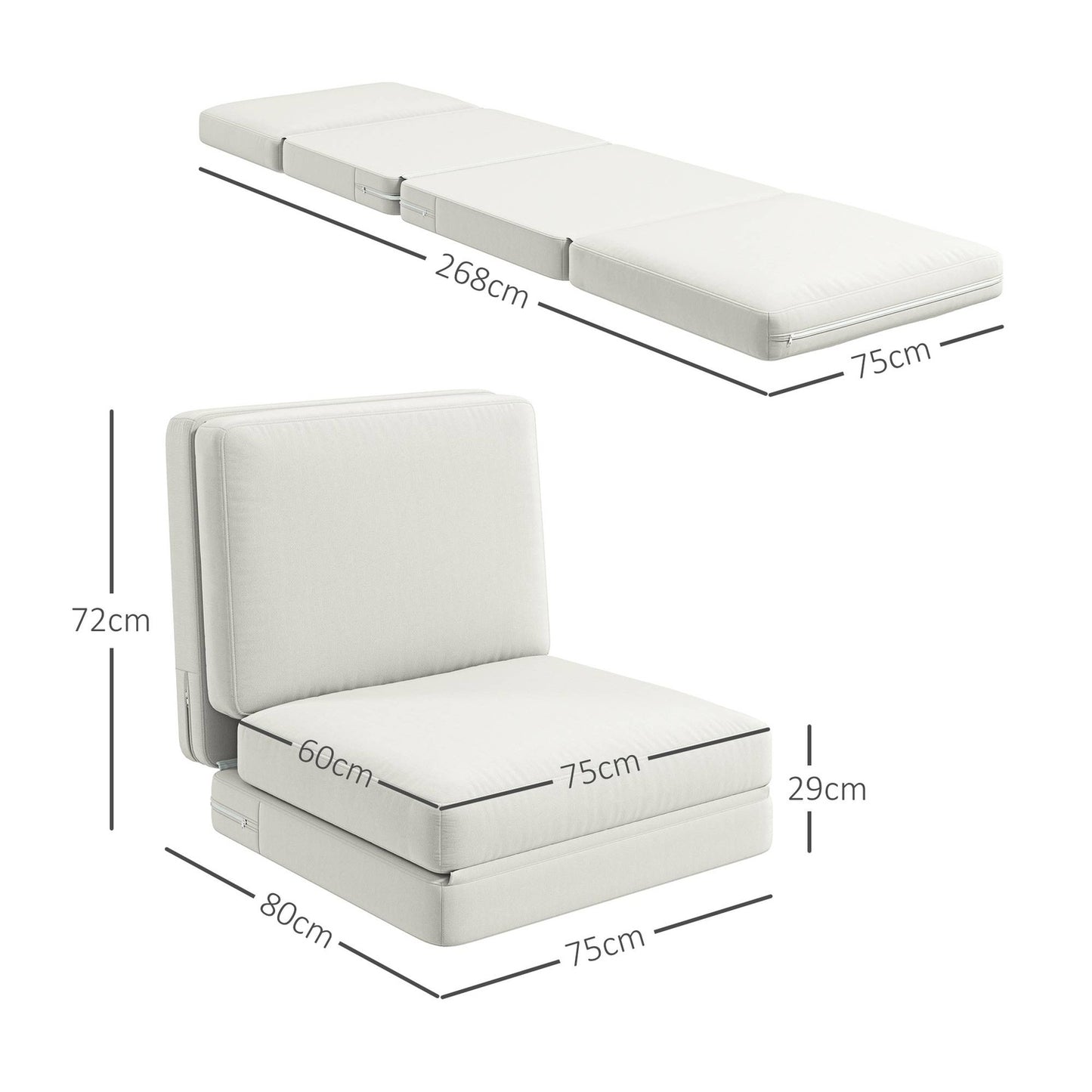 3-in-1 folding sofa bed, velvet upholstery, cream white