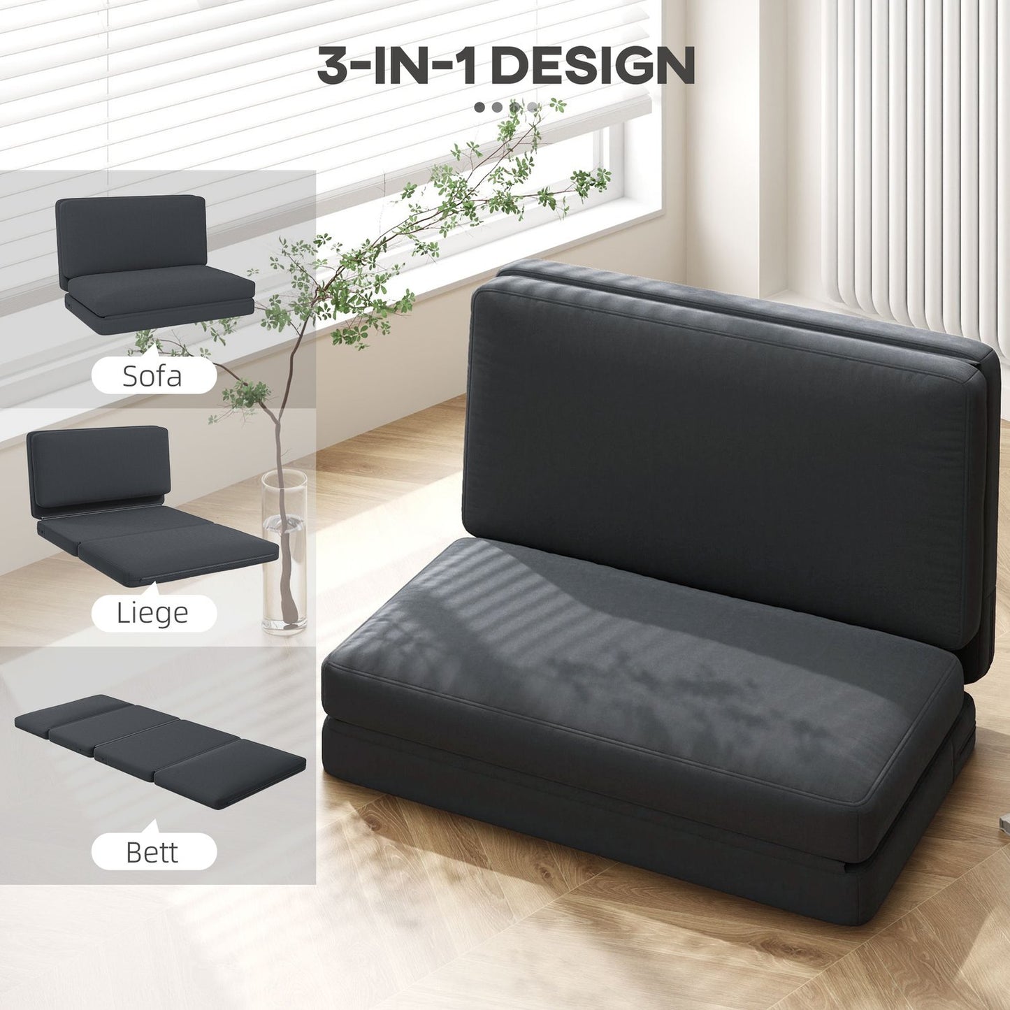 Dark gray 3-in-1 folding sofa bed - velvet look, capacity 240 kg