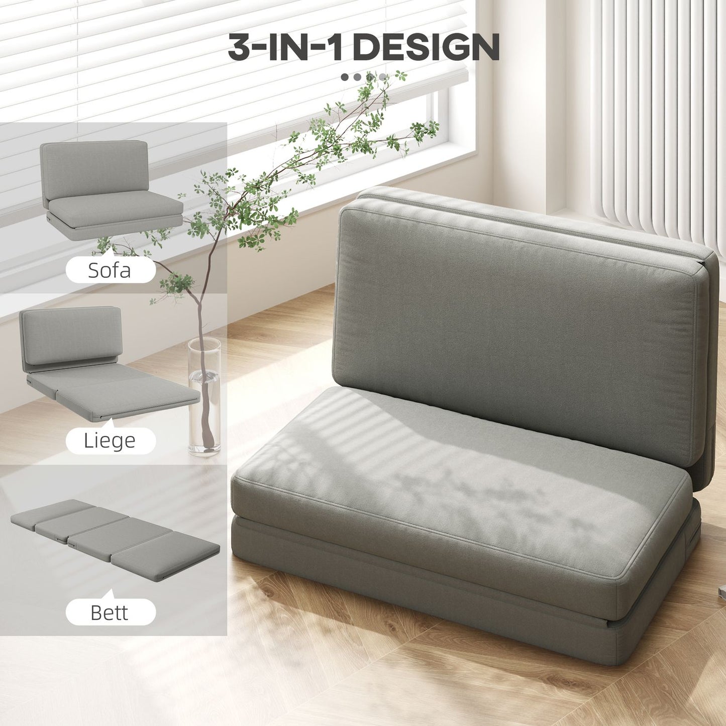 Floor sofa, 3-in-1, velvet look, holds 240 kg, light grey