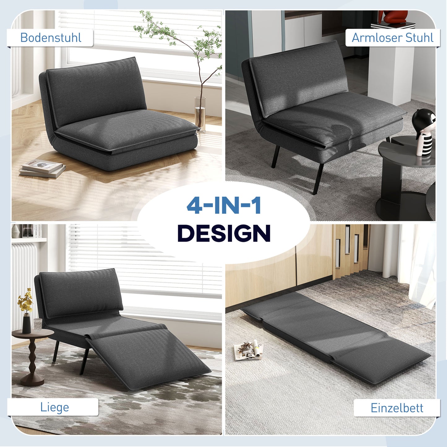 Folding sofa bed, 4-in-1, linen look, dark grey, 150 kg Capacity
