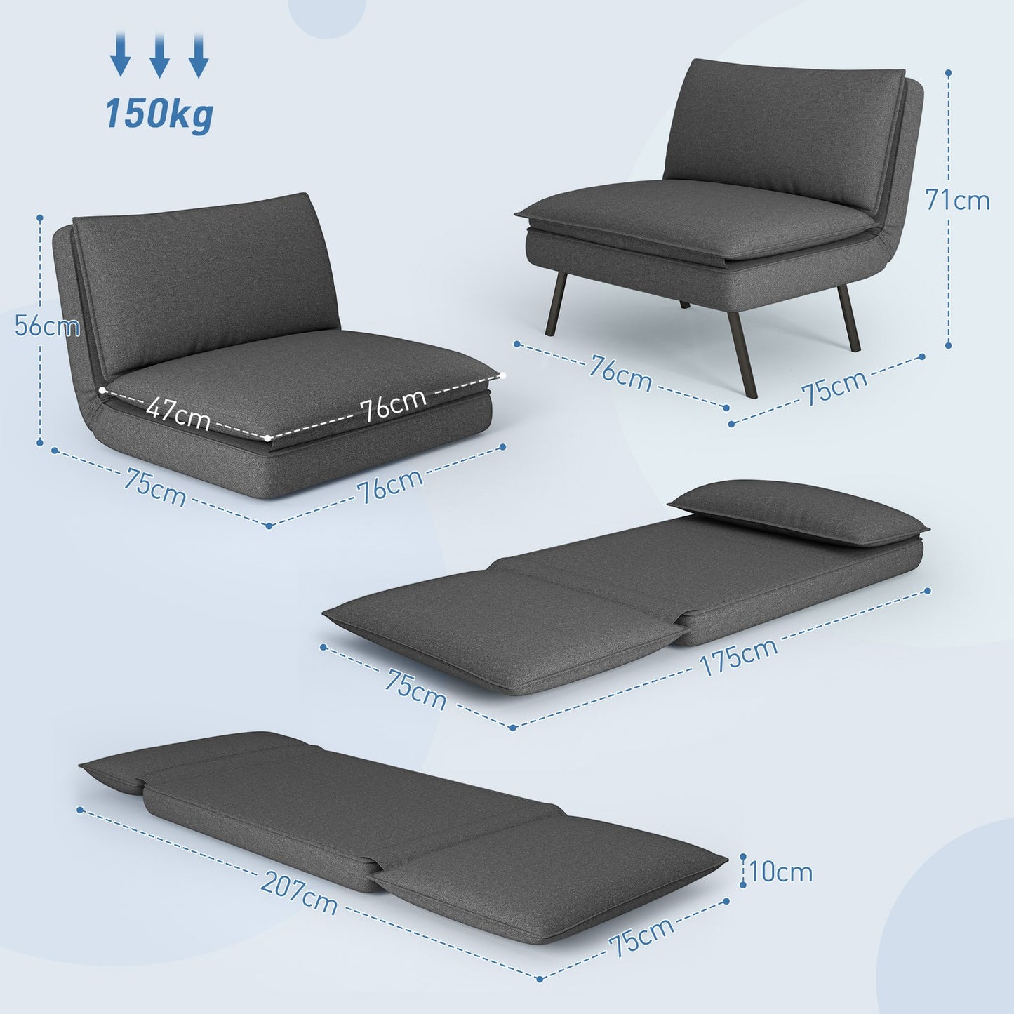 Folding sofa bed, 4-in-1, linen look, dark grey, 150 kg Capacity