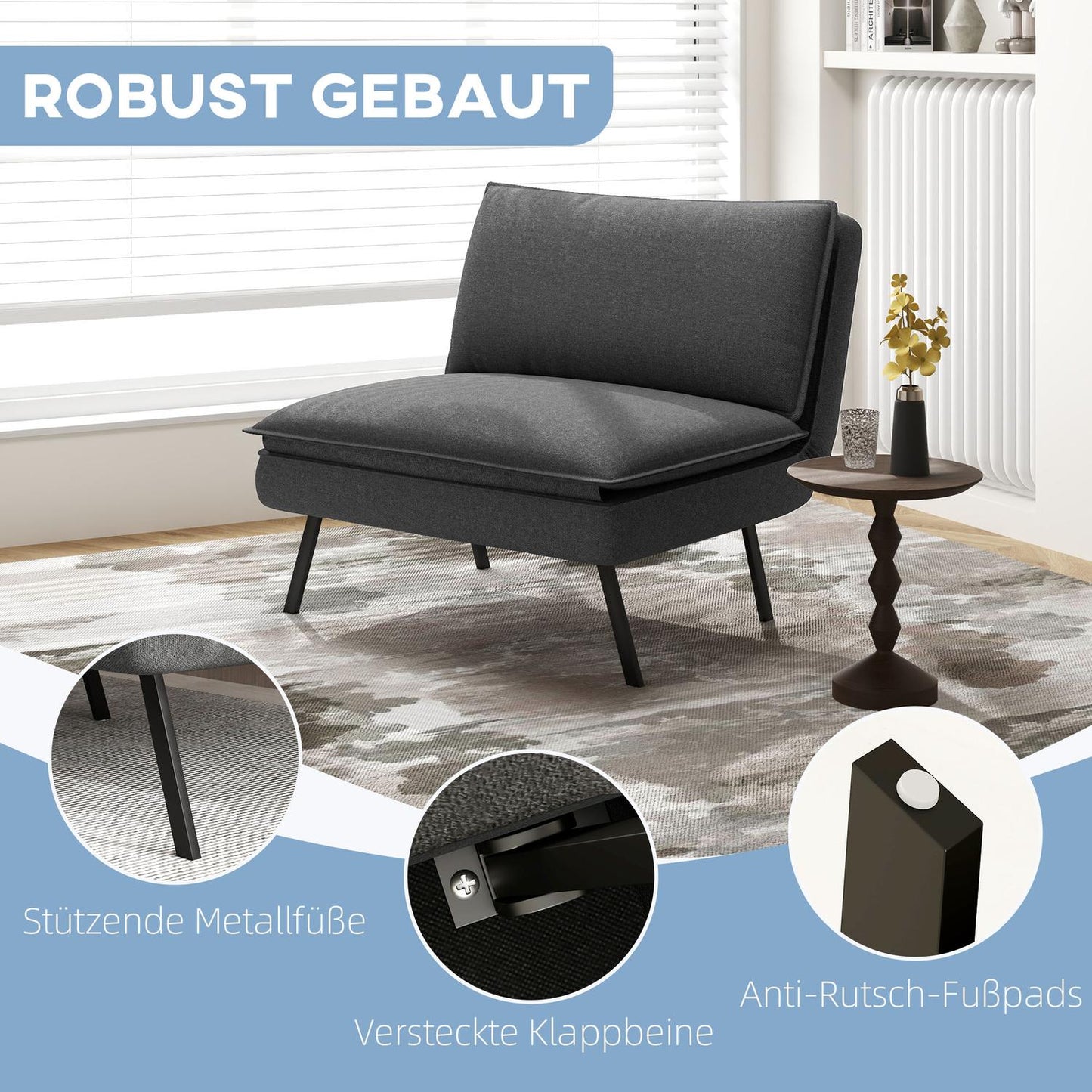 Folding sofa bed, 4-in-1, linen look, dark grey, 150 kg Capacity