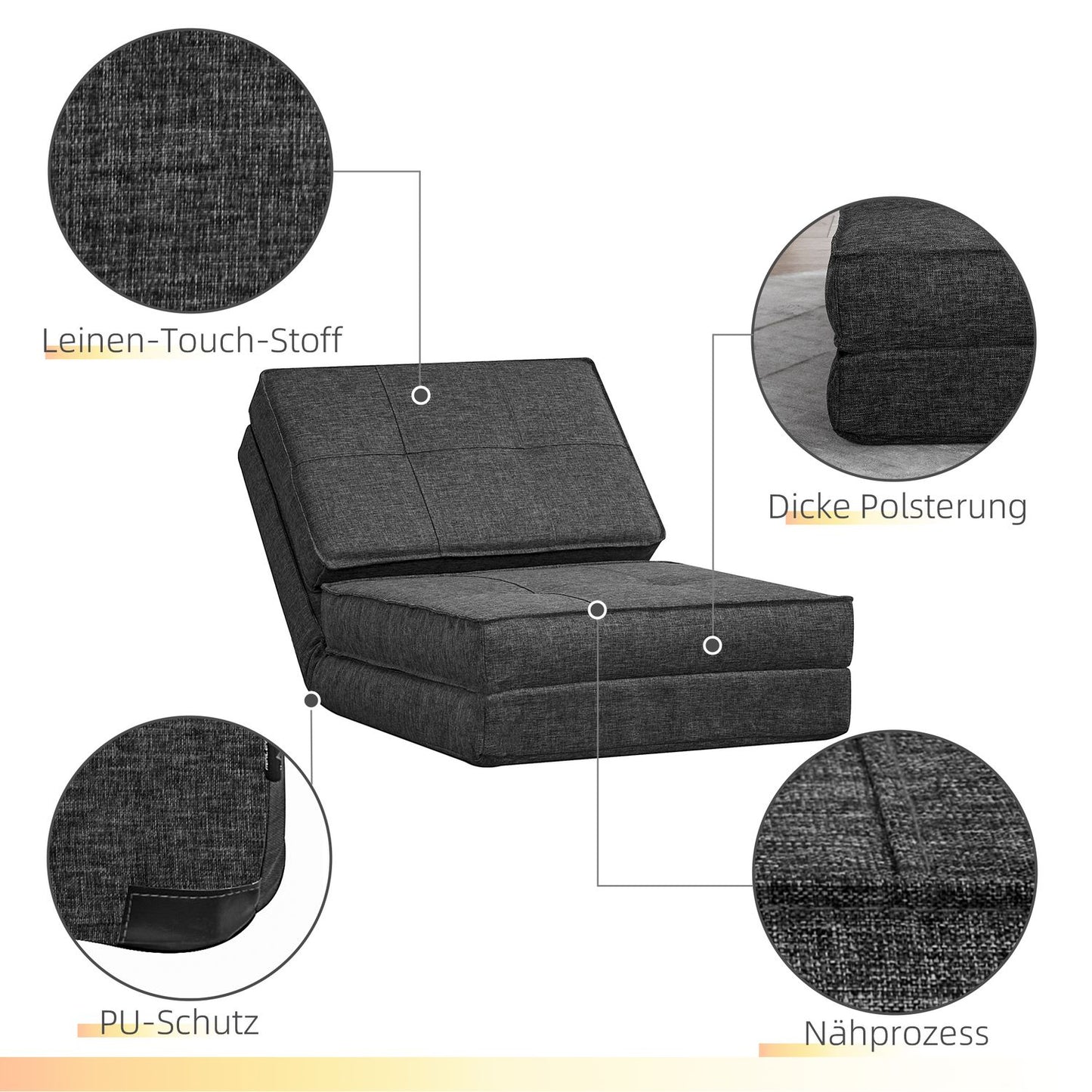 Folding Floor chair Sofa bed, 5-stage adjustable, dark grey