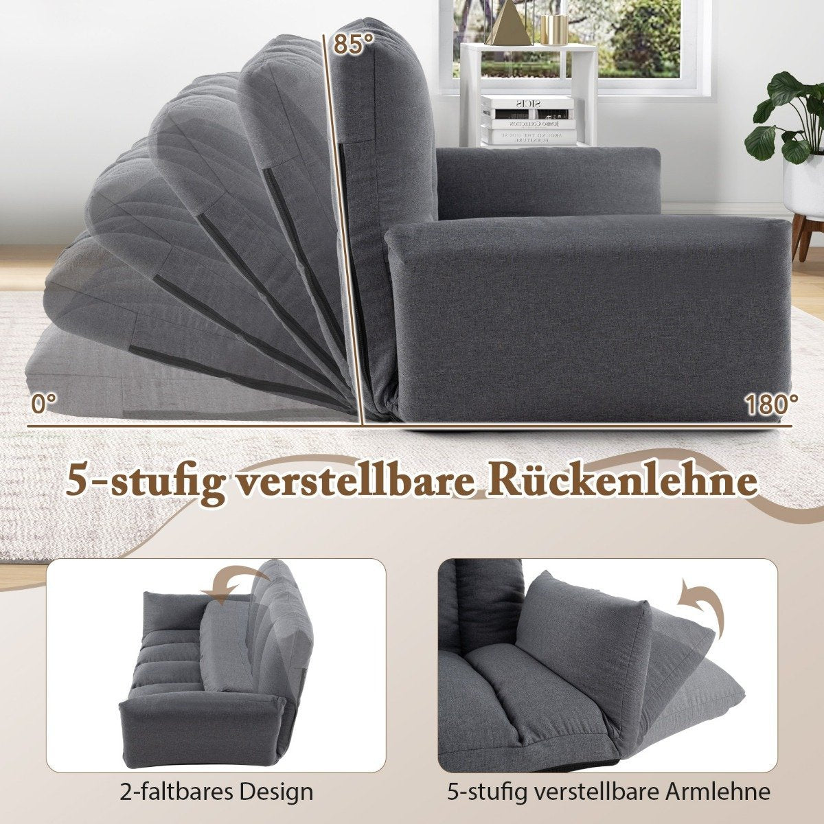 Floor sofa with 5-way adjustable backrest & armrests relaxation chair for living room gray