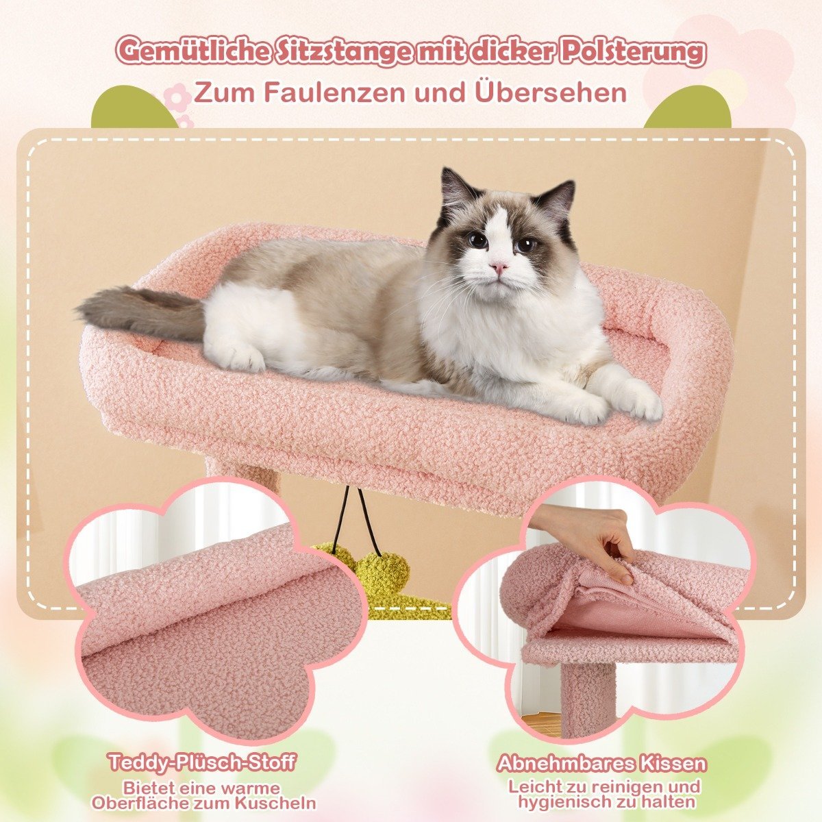 Floral Scratching Post & Plush Padded Platform & Cat House Cat Tree