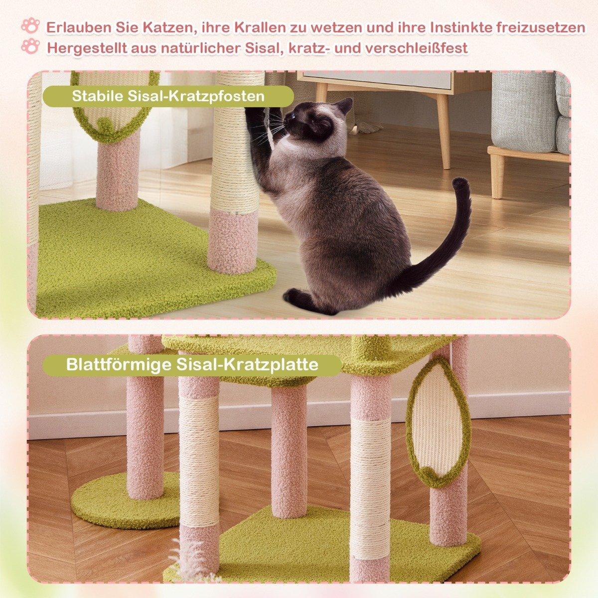 Floral Scratching Post & Plush Padded Platform & Cat House Cat Tree