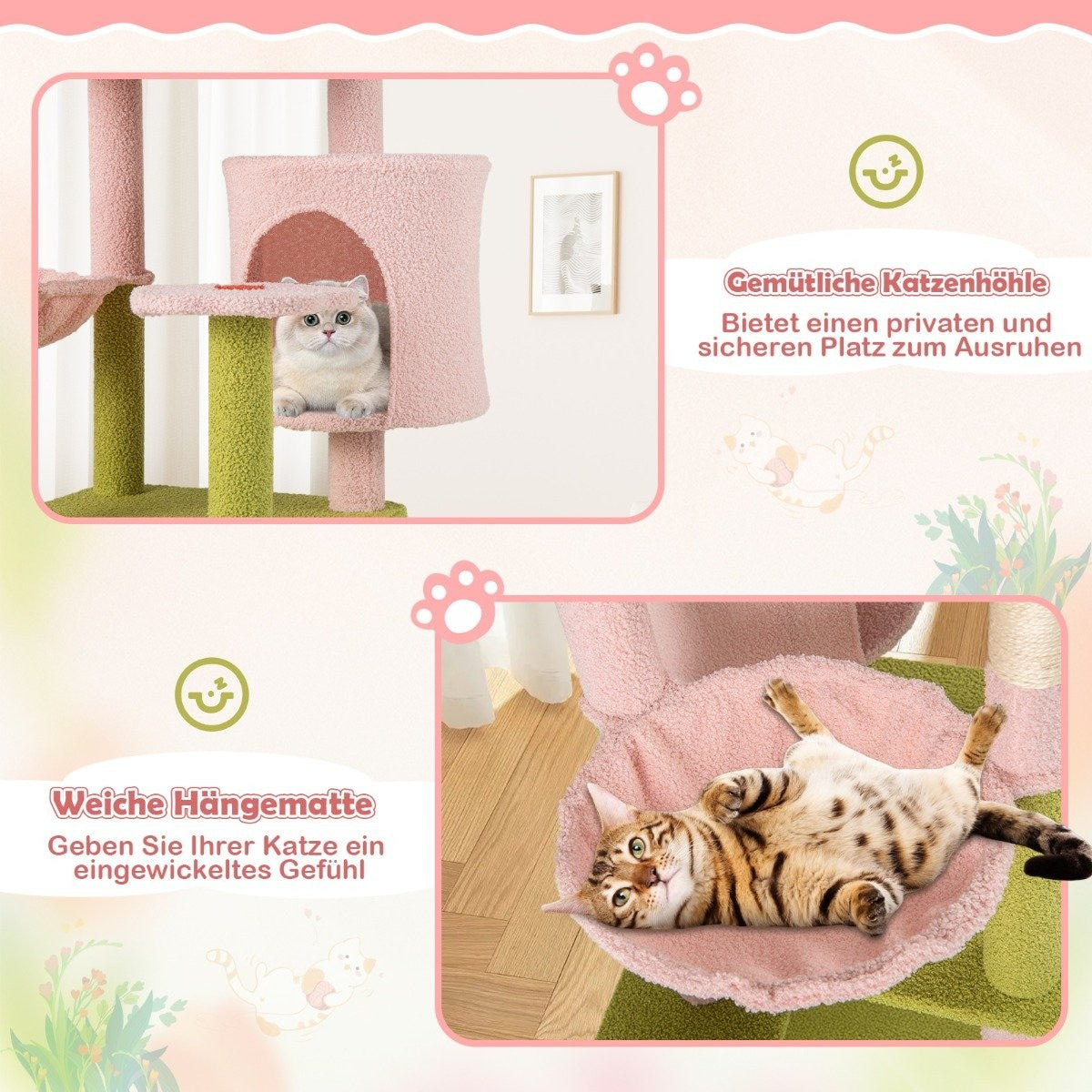 Floral Scratching Post & Plush Padded Platform & Cat House Cat Tree