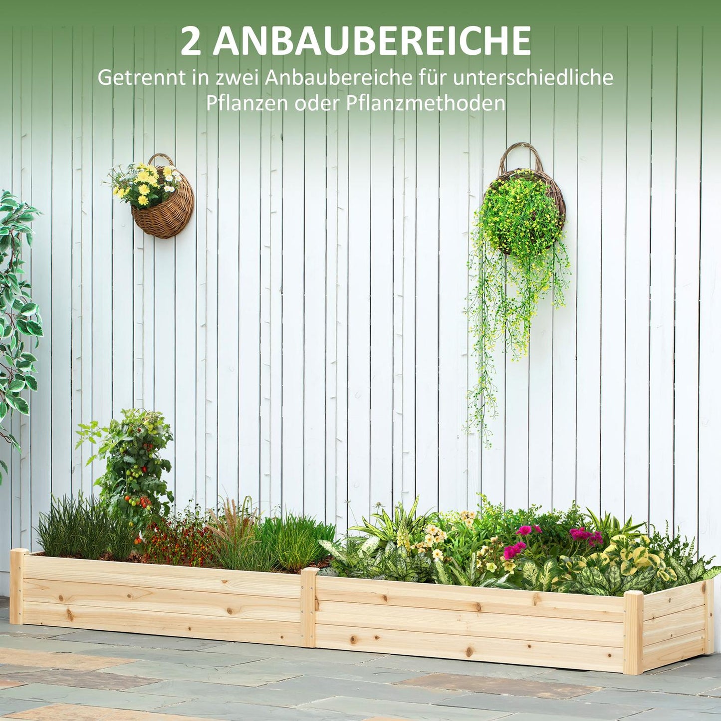 Wooden flower box with two sections for plants, 244x61.5x27cm