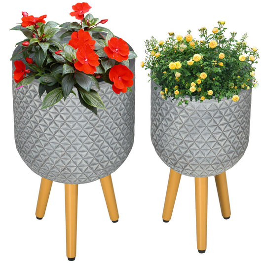 Set of 2 gray pots with feet and drainage holes