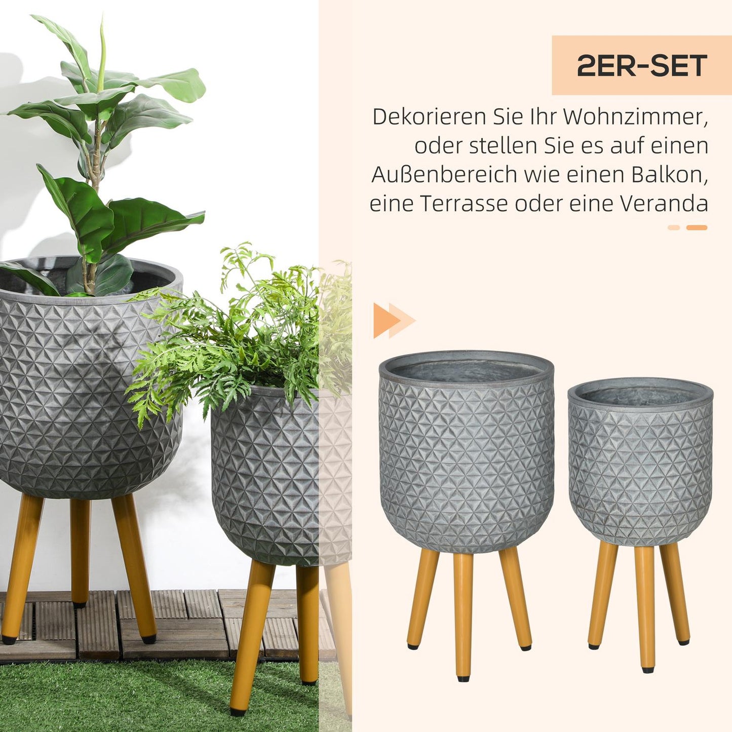 Set of 2 gray pots with feet and drainage holes