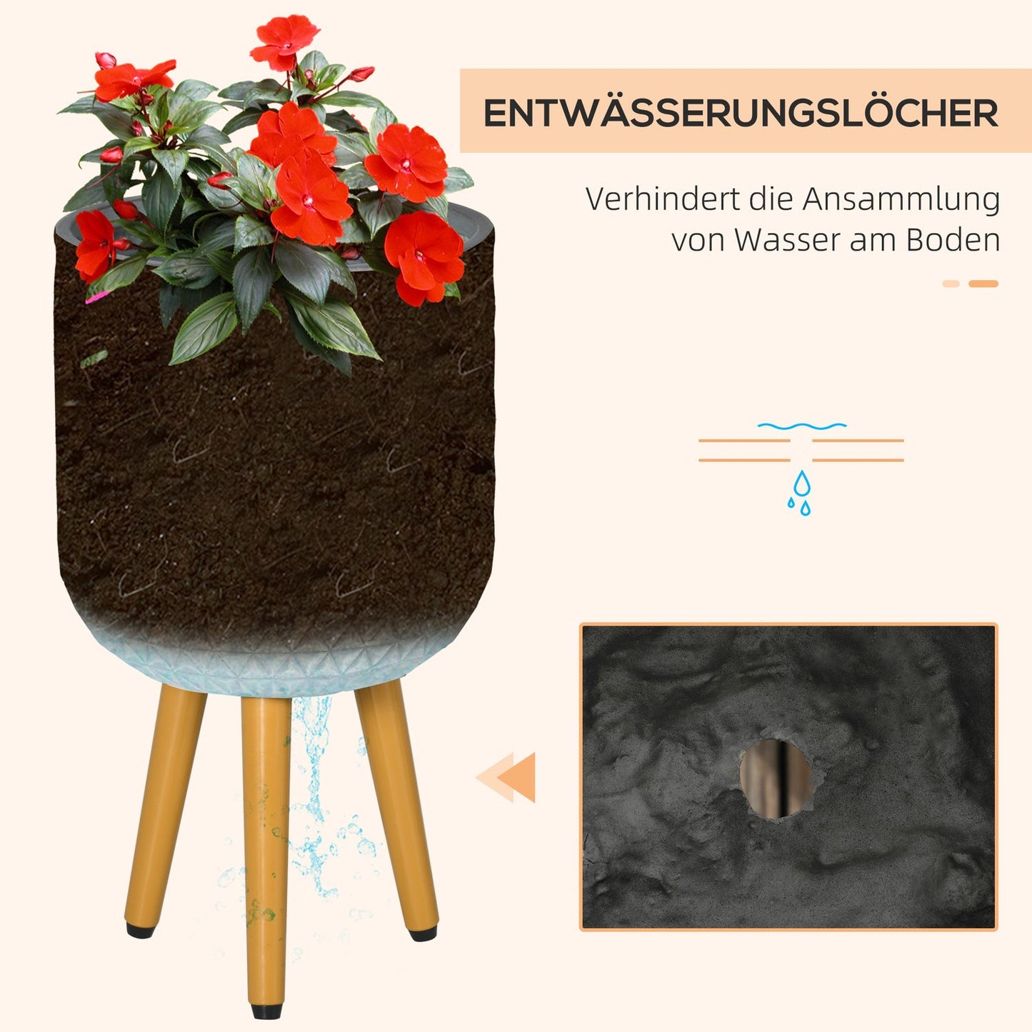 Set of 2 gray pots with feet and drainage holes