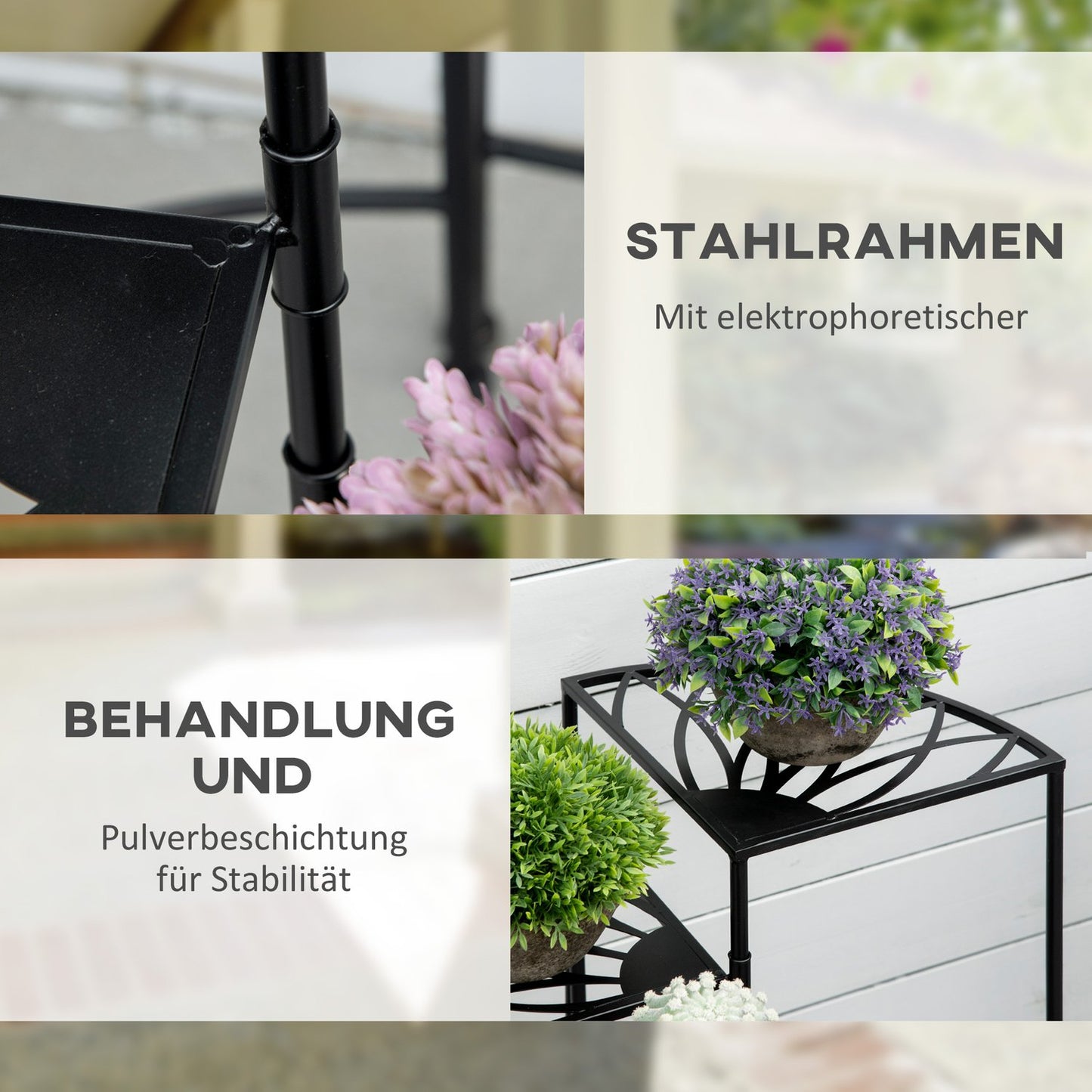 Foldable plant shelf in 4 levels in steel, black, for garden and balcony