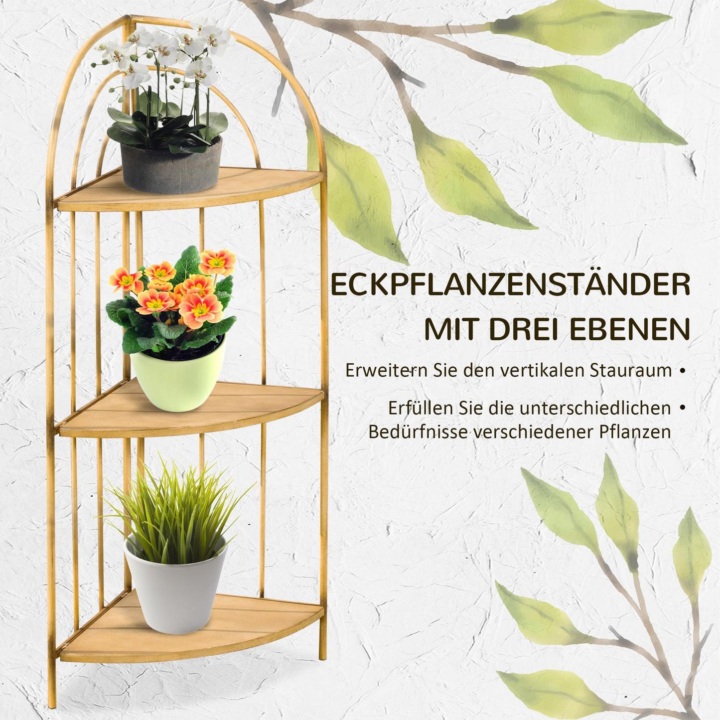 Folding metal rack - 3-tier corner shelf, brown