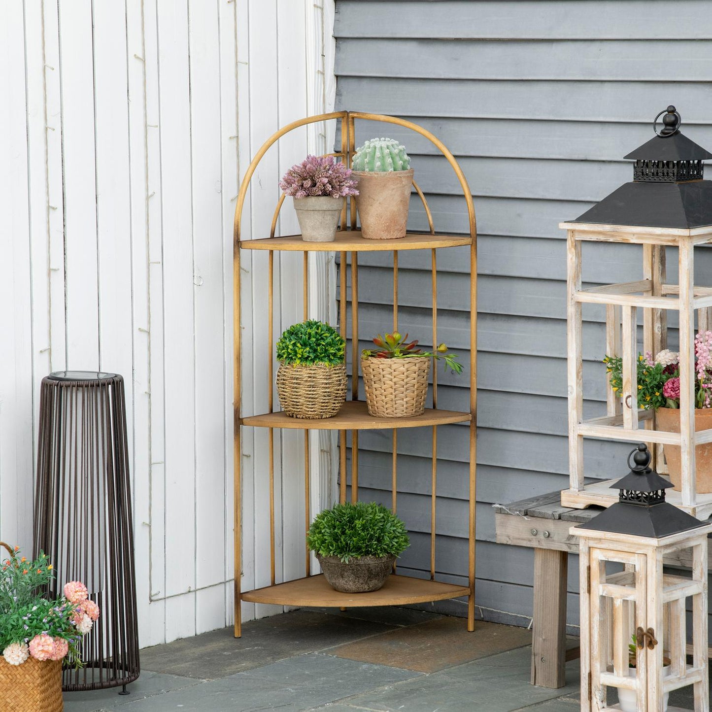 Folding metal rack - 3-tier corner shelf, brown