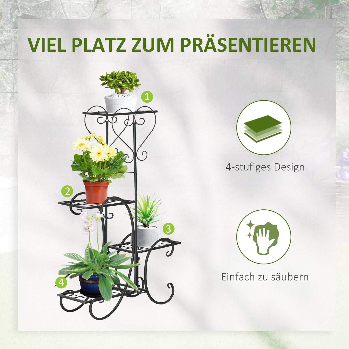 Metal 4-tier plant shelf for garden and balcony, black